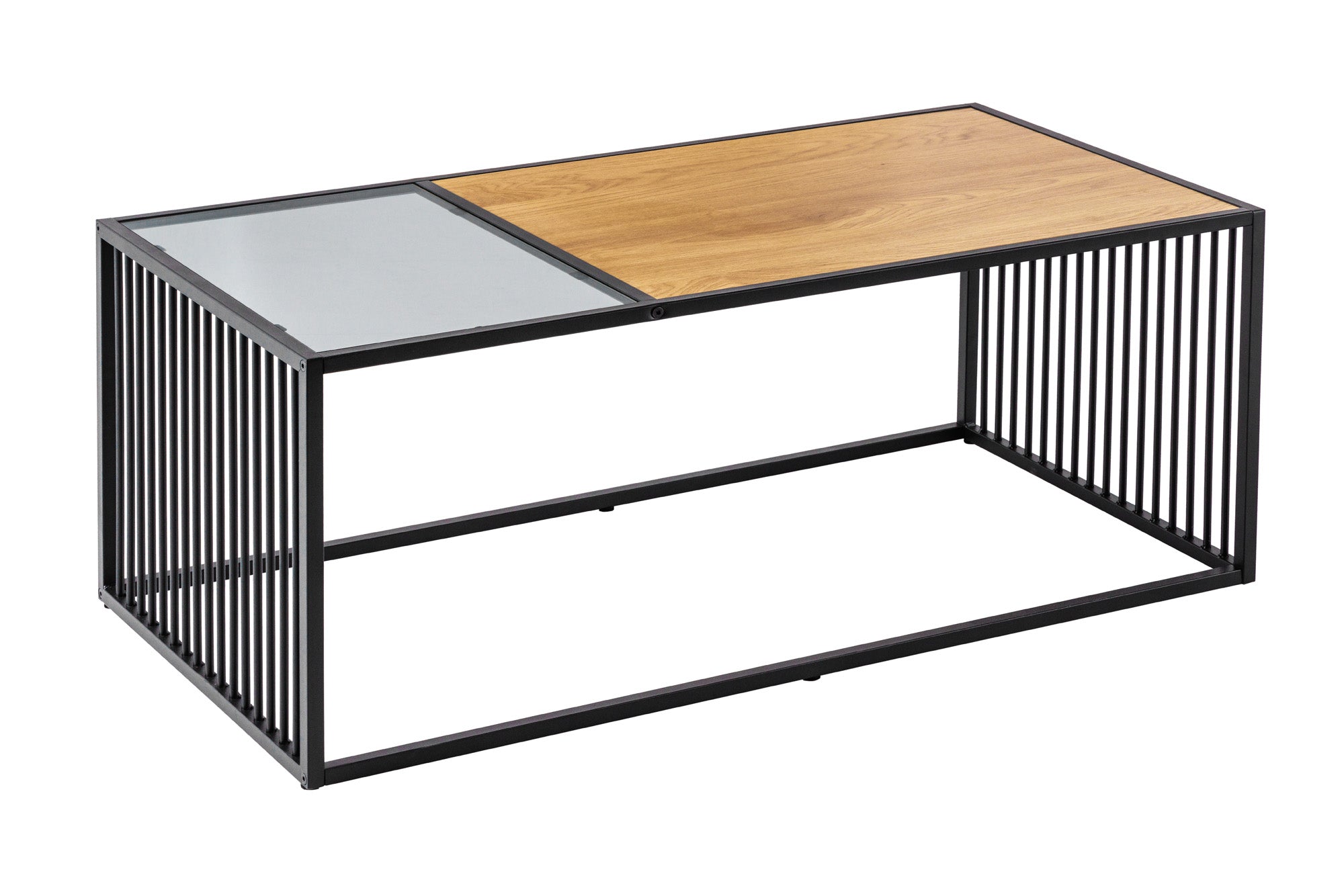 Table basse design ARCHITECTURE 100cm chêne sauvage noir verre fumé métal bois