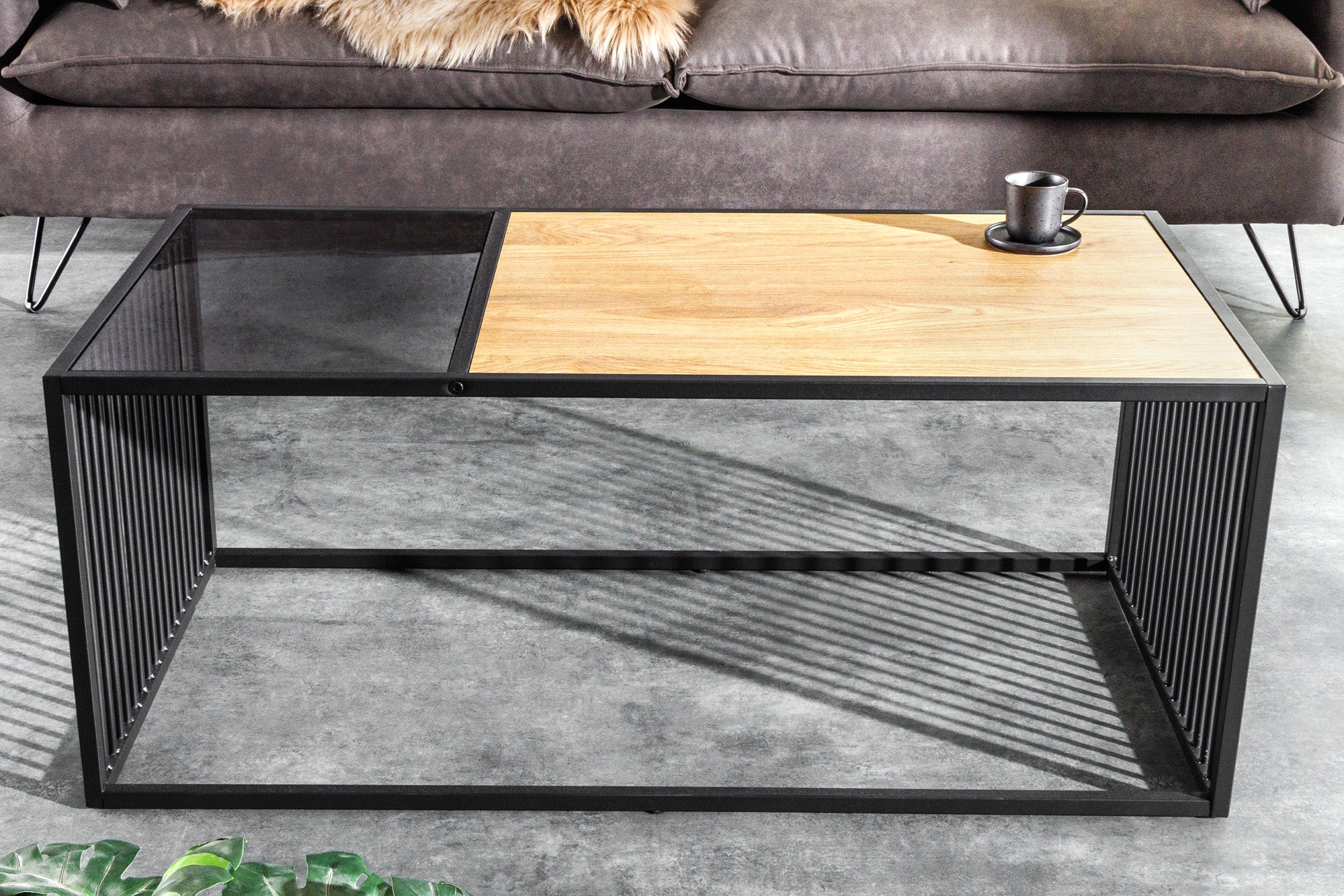 Table basse design ARCHITECTURE 100cm chêne sauvage noir verre fumé métal bois