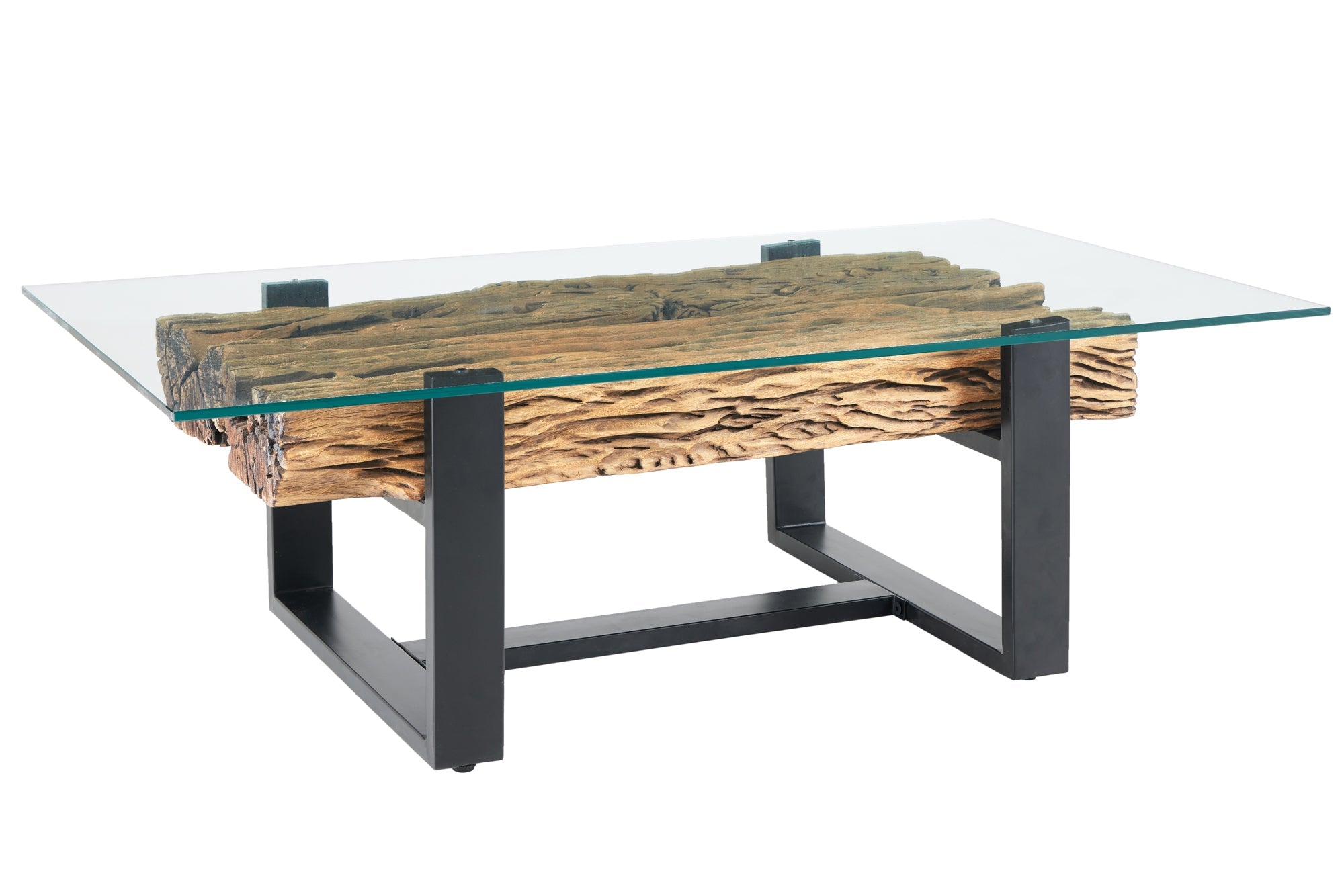 Table basse design BARRACUDA 130cm bois de teck recyclé plateau verre acier inoxydable noir industriel