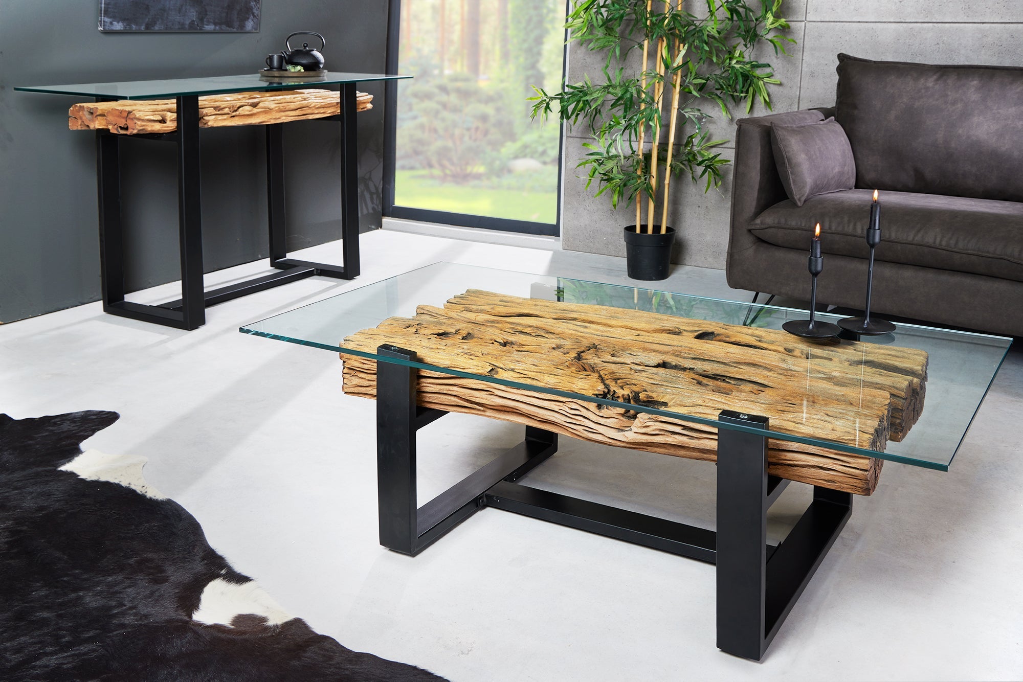 Table basse design BARRACUDA 130cm bois de teck recyclé plateau verre acier inoxydable noir industriel