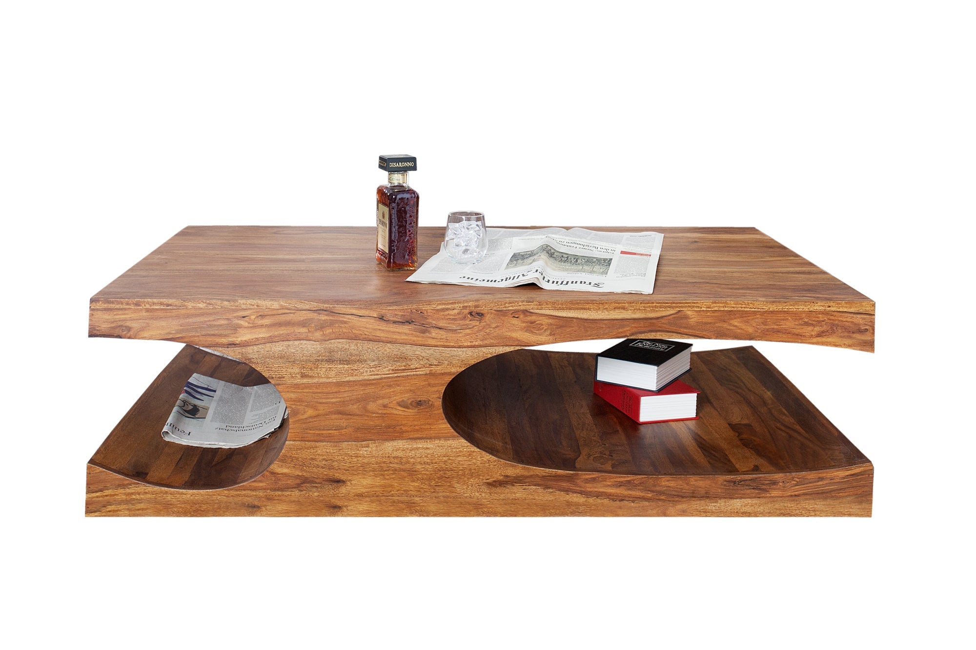 Table basse design CUBUS 120cm en bois massif de Sheesham marron finition pierre avec espace de rangement