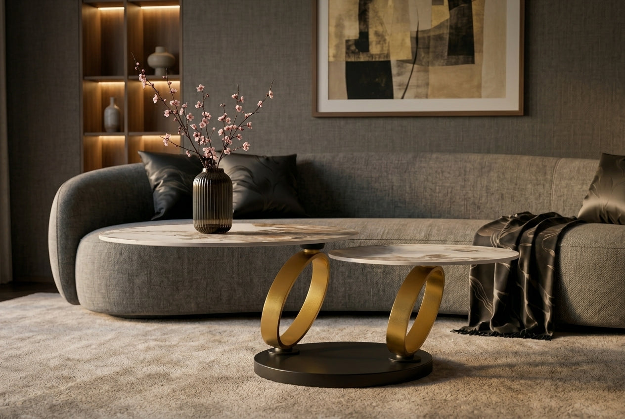 Table basse design DANCING RINGS blanc marron ronde tournante Pandora céramique or
