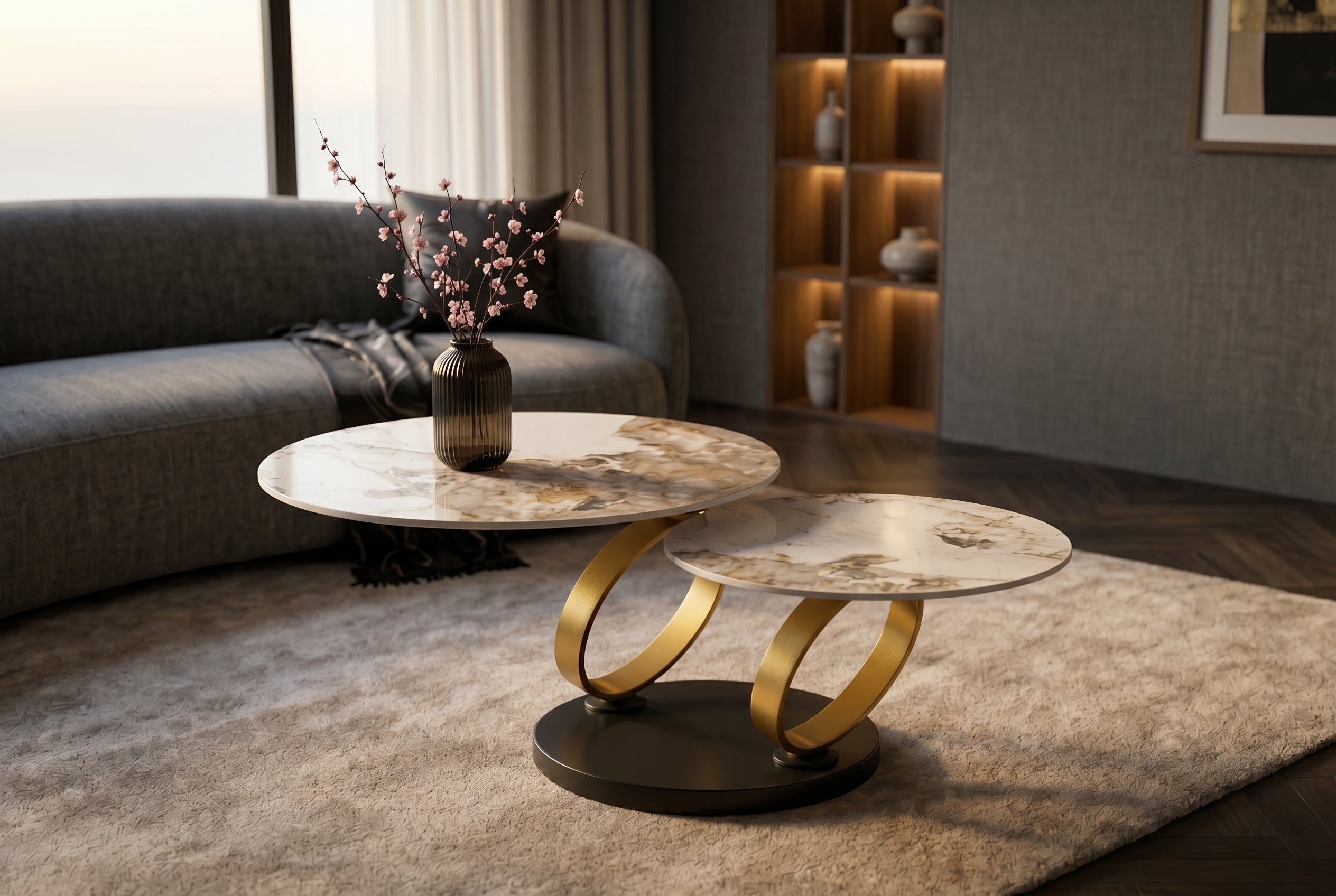 Table basse design DANCING RINGS blanc marron ronde tournante Pandora céramique or
