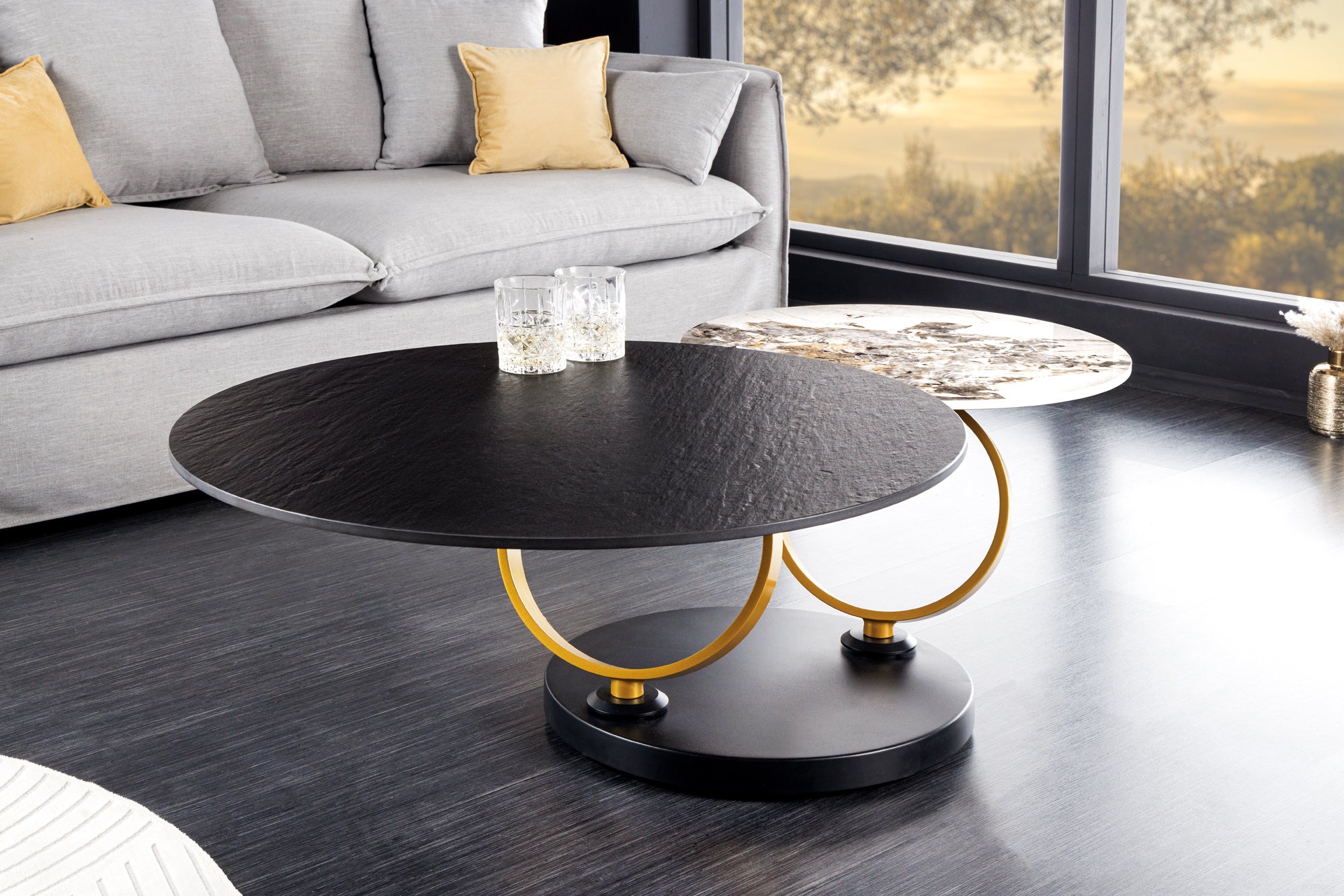 Mesa de centro giratoria redonda negra DANCING RINGS Pandora metal negro cerámica