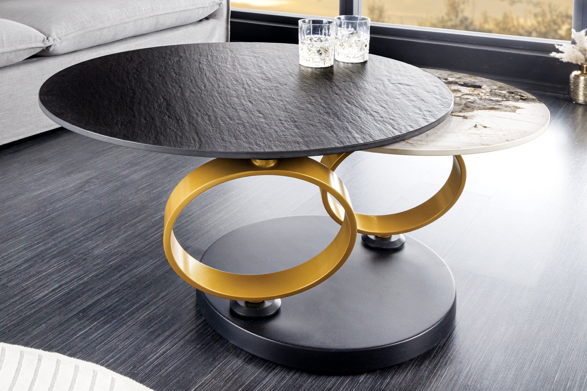 Mesa de centro giratoria redonda negra DANCING RINGS Pandora metal negro cerámica