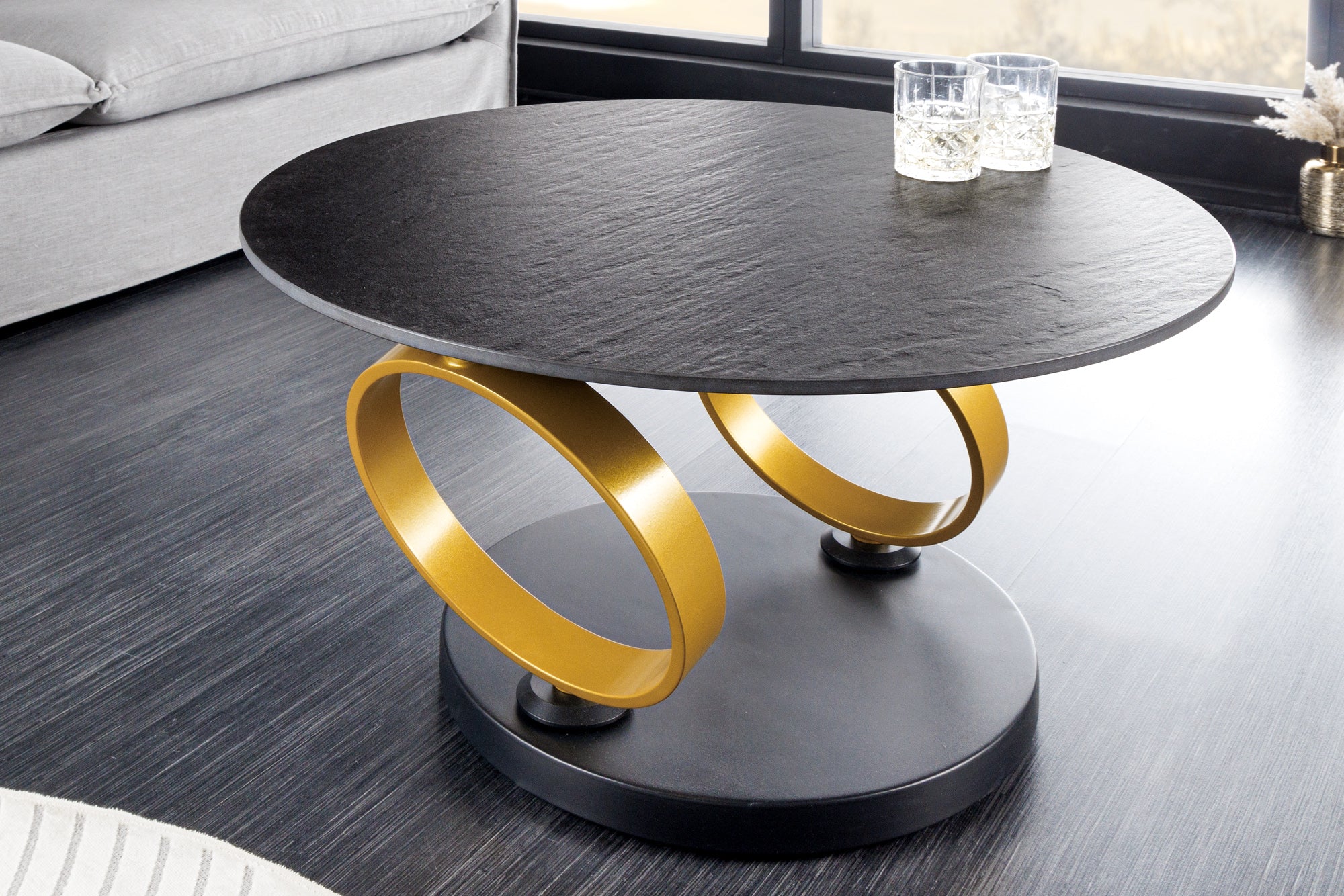 Mesa de centro giratoria redonda negra DANCING RINGS Pandora metal negro cerámica