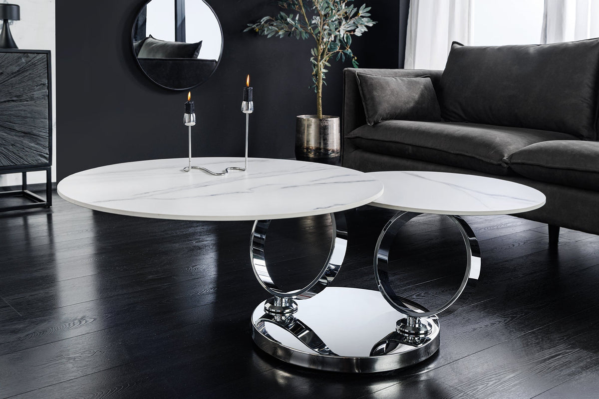 Table basse design DANCING RINGS ronde blanche tournante en marbre céramique structure chromée