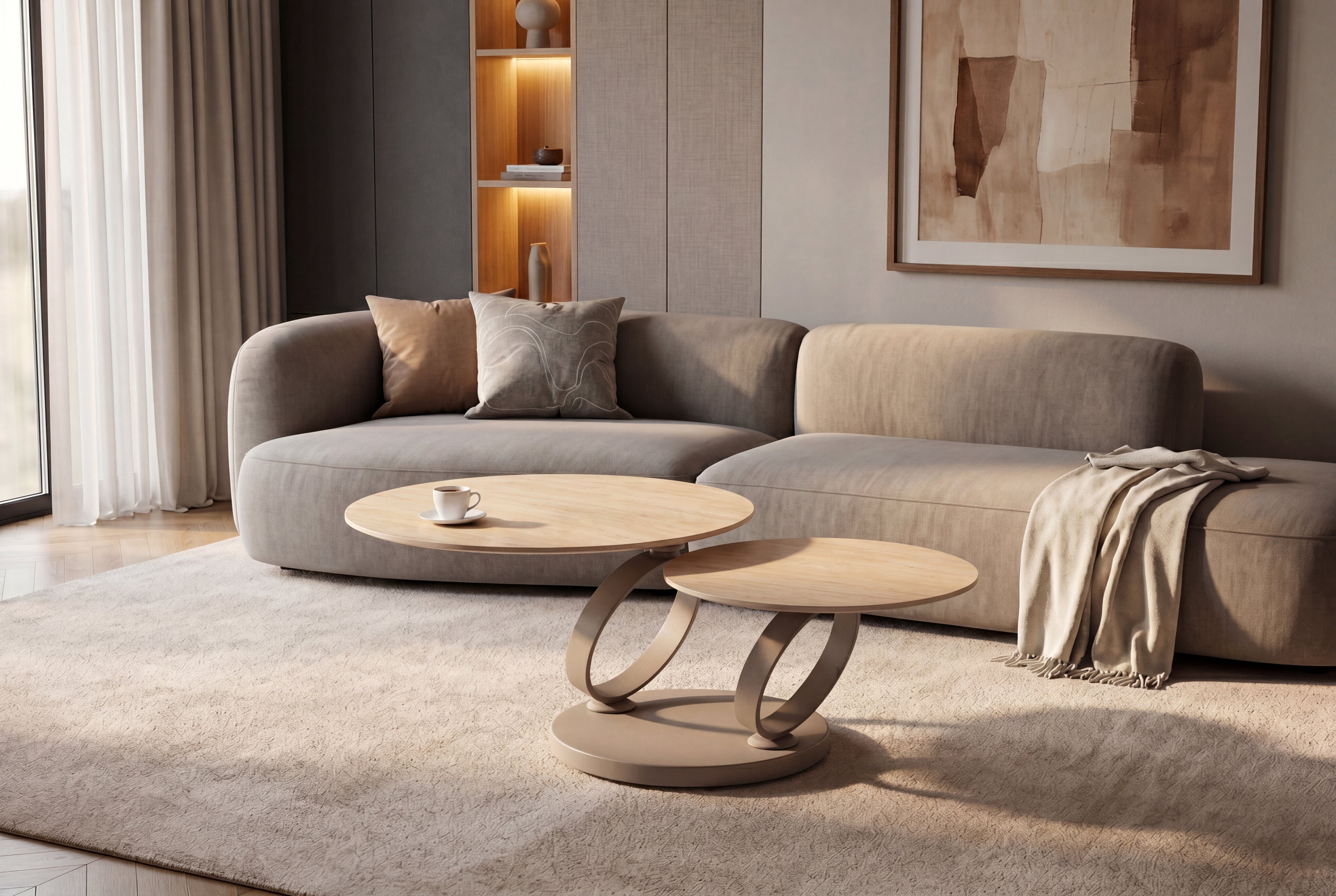 Table basse design DANCING RINGS ronde naturelle tournante en céramique travertin champagne grège