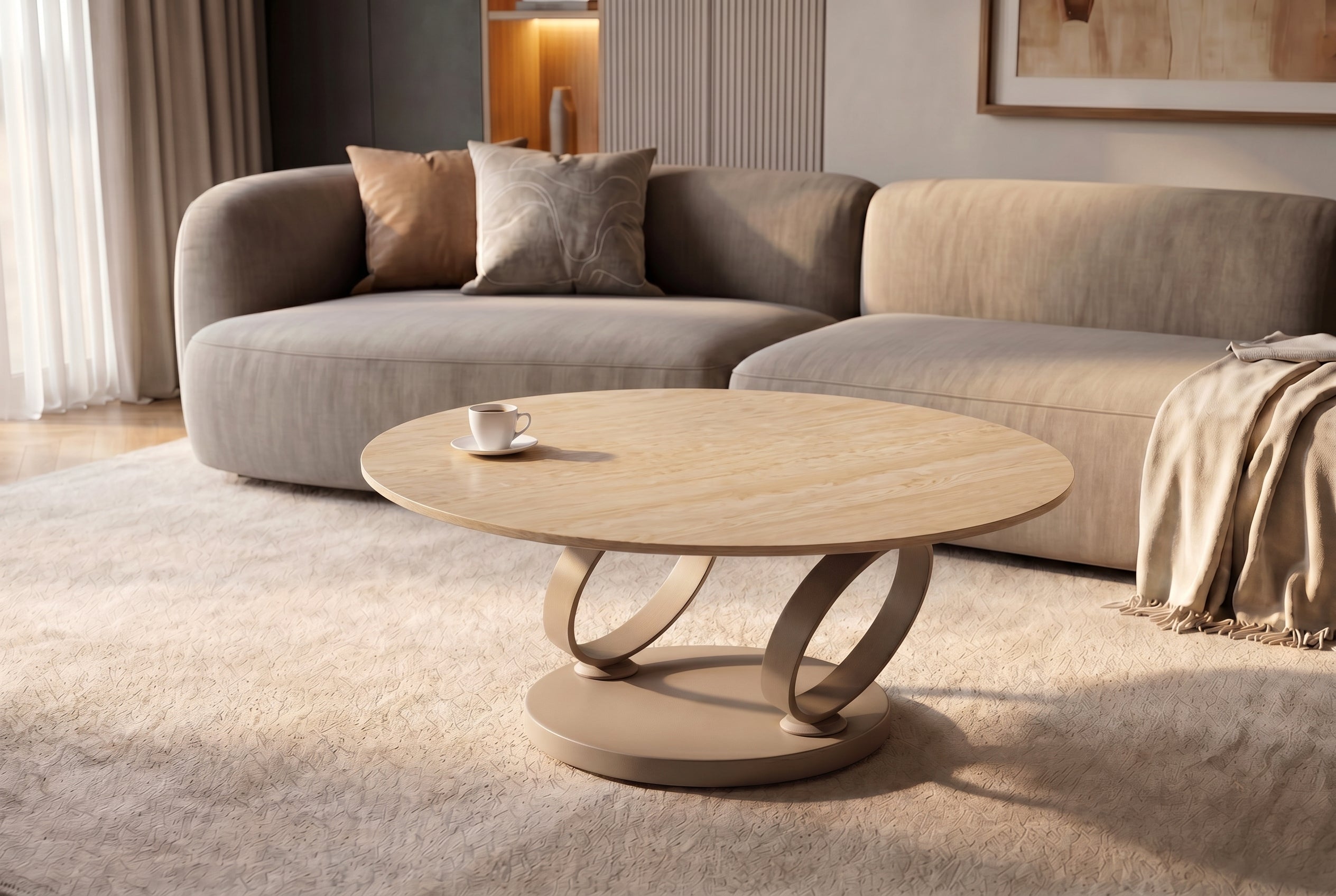 Table basse design DANCING RINGS ronde naturelle tournante en céramique travertin champagne grège