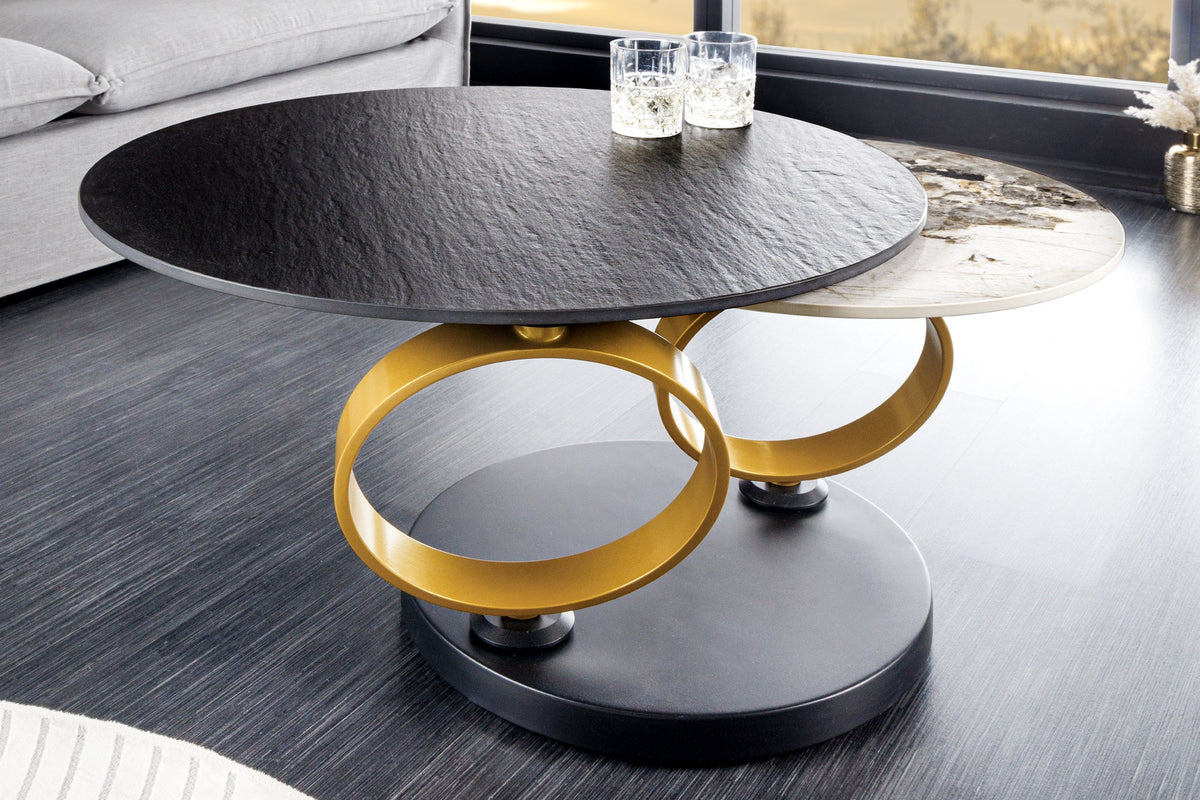 Table basse design DANCING RINGS ronde noire tournante Pandora céramique métal noir