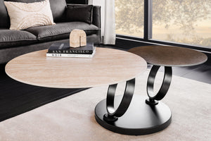 Table basse design DANCING RINGS rouille ronde tournante en céramique travertin structure noire