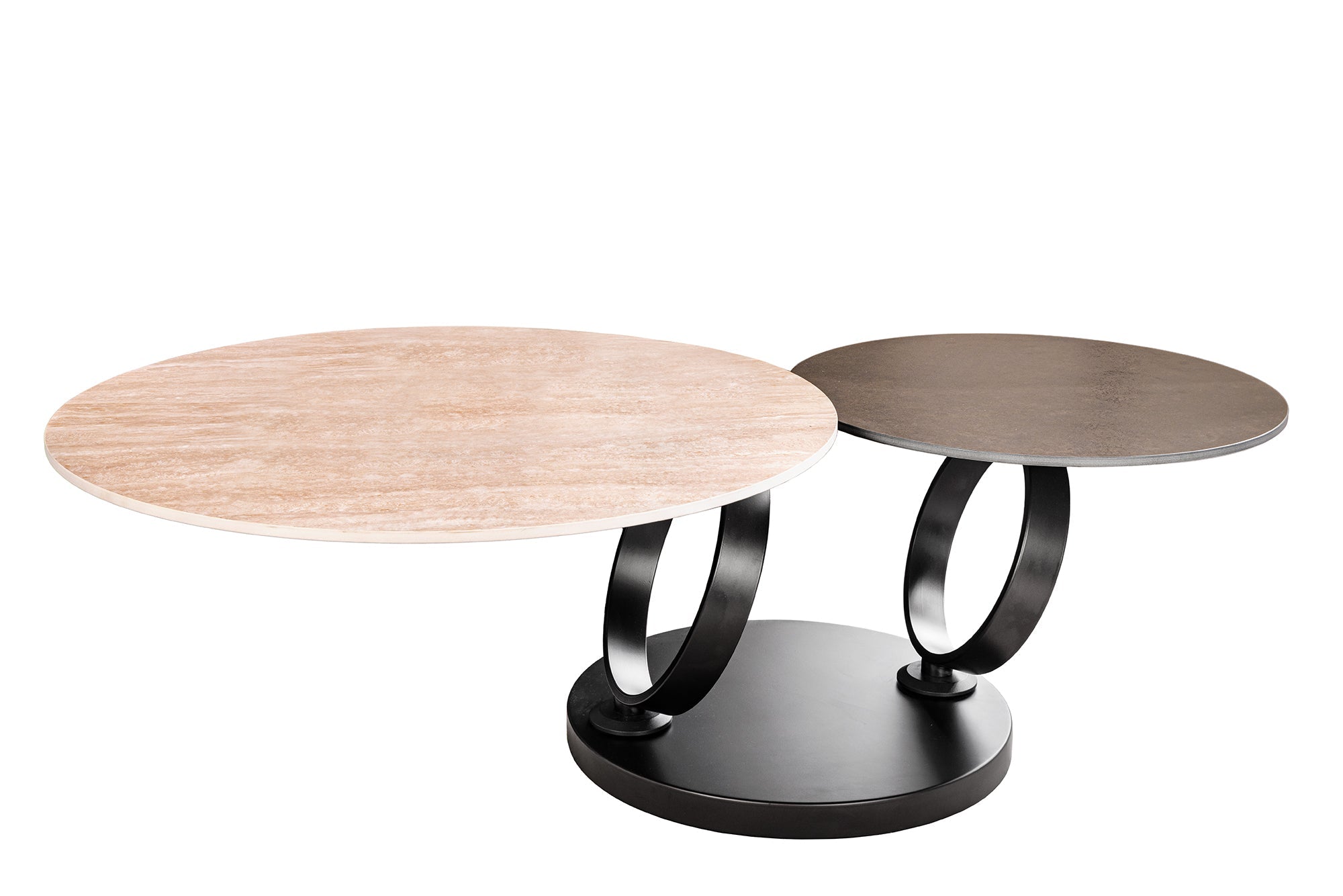Table basse design DANCING RINGS rouille ronde tournante en céramique travertin structure noire