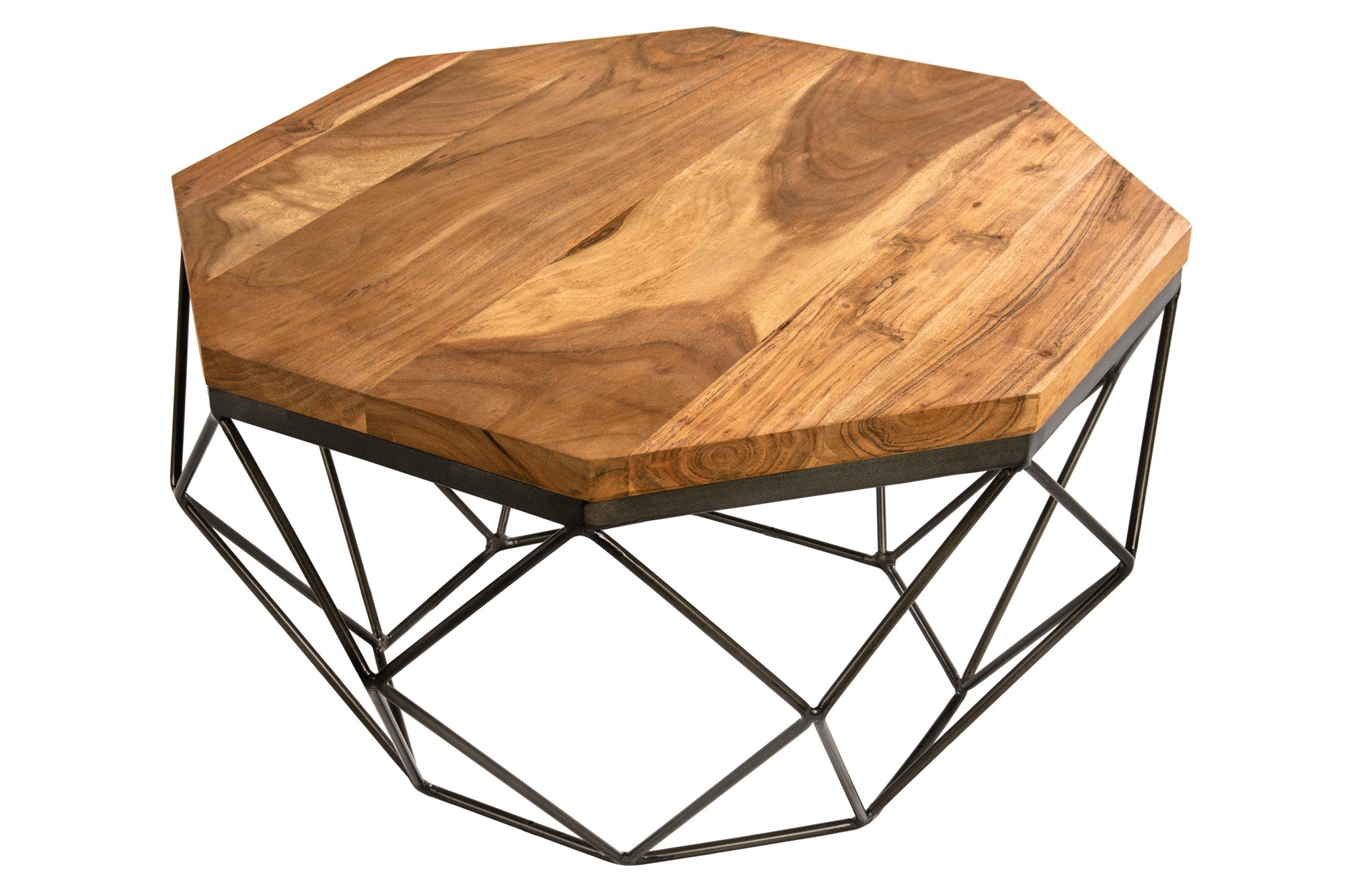 Table basse design DIAMOND 70 cm en bois de manguier naturel, structure en fer et laiton massif