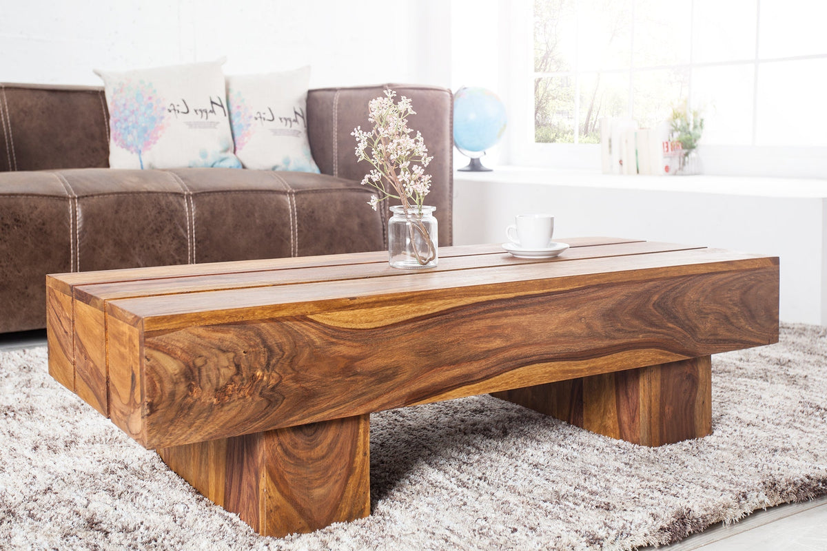 Table basse design en bois massif BOLT 100cm finition pierre Sheesham marron