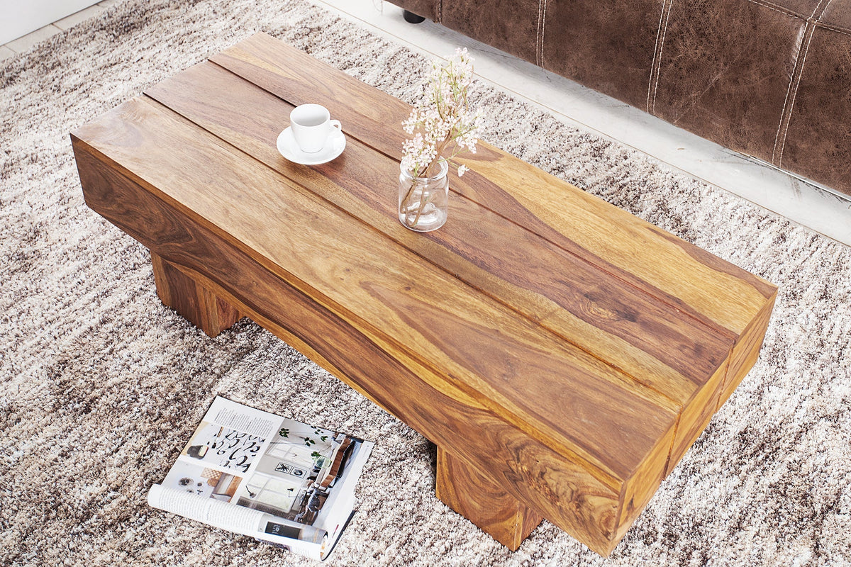 Table basse design en bois massif BOLT 100cm finition pierre Sheesham marron