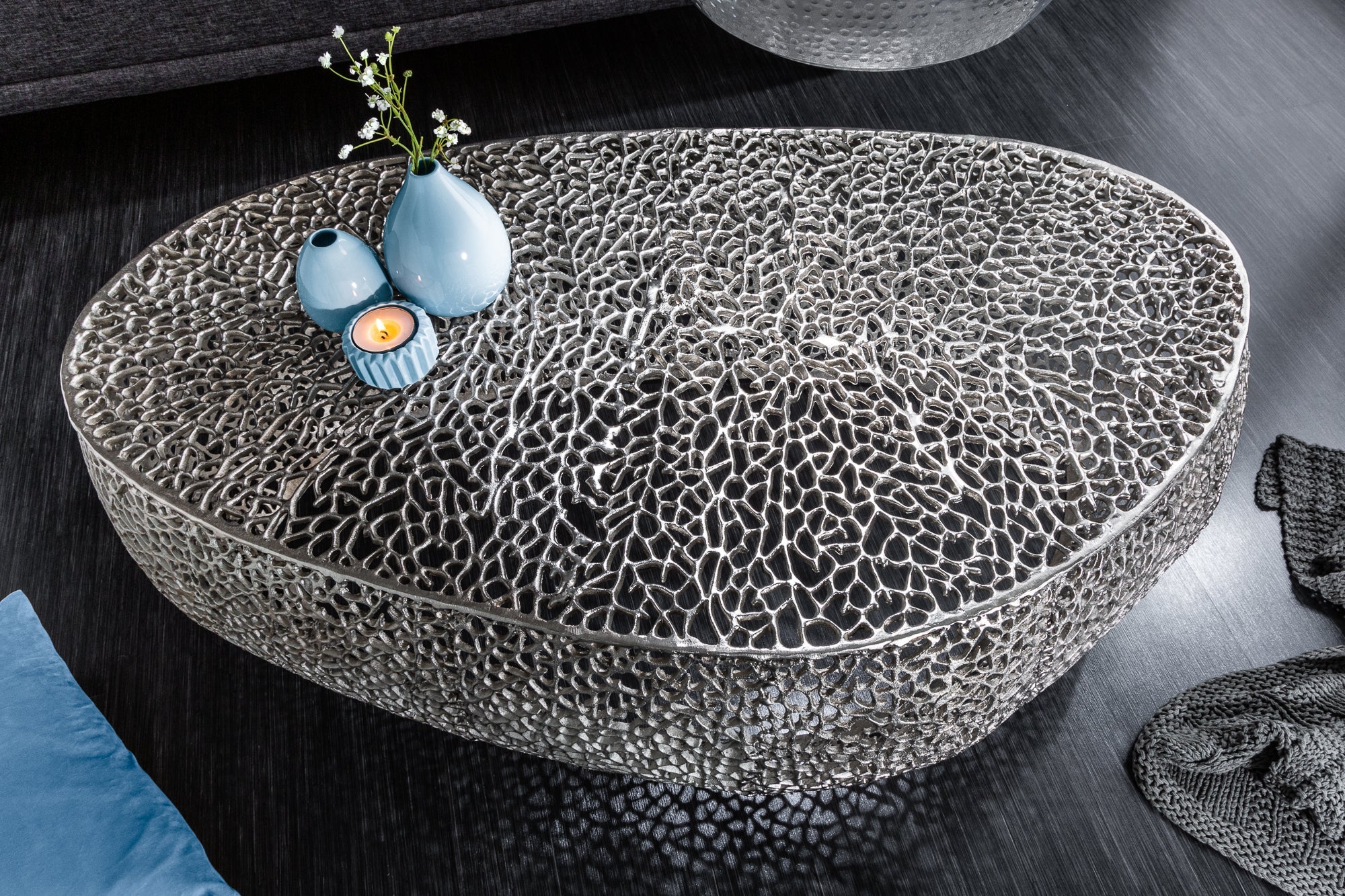 Table basse design filigrane ABSTRACT LEAF 120cm argent fait main