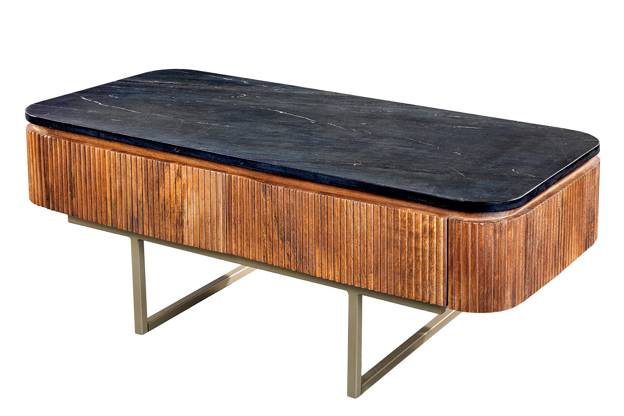 Table basse design GATSBY 110cm en bois de manguier massif plateau en marbre rétro avec tiroirs doré
