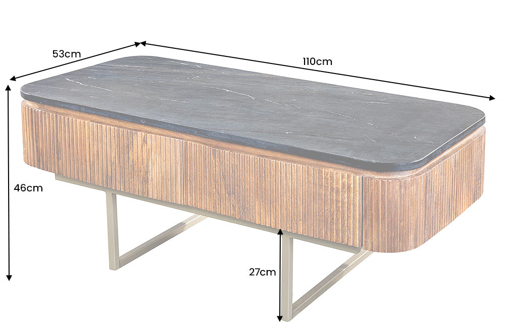 Table basse design GATSBY 110cm en bois de manguier massif plateau en marbre rétro avec tiroirs doré