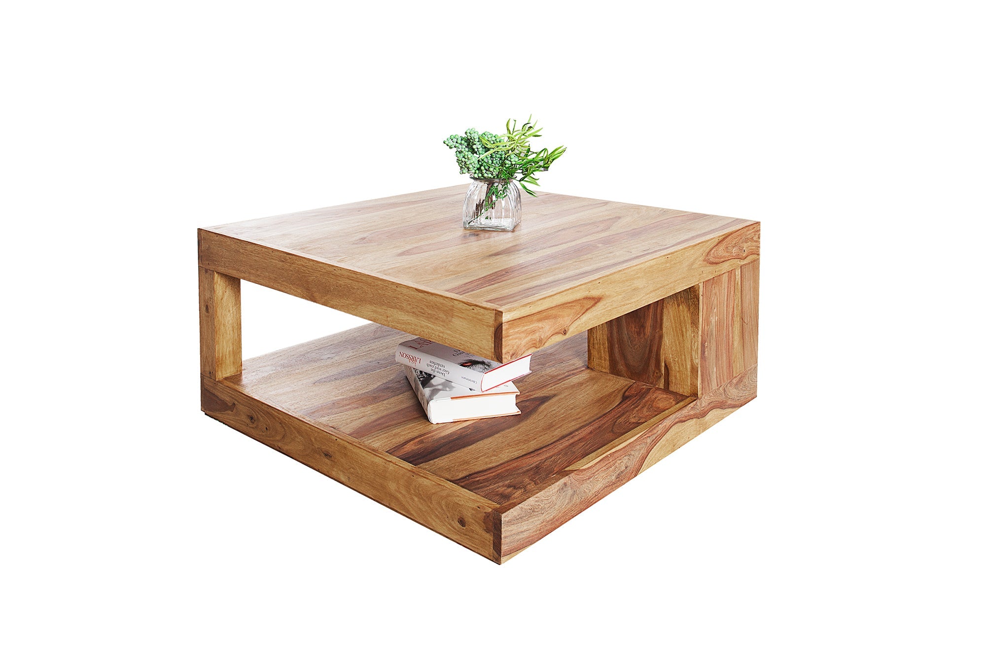 GIANT 80cm Mesa de centro de diseño de madera maciza de Sheesham marrón con acabado de piedra y estante