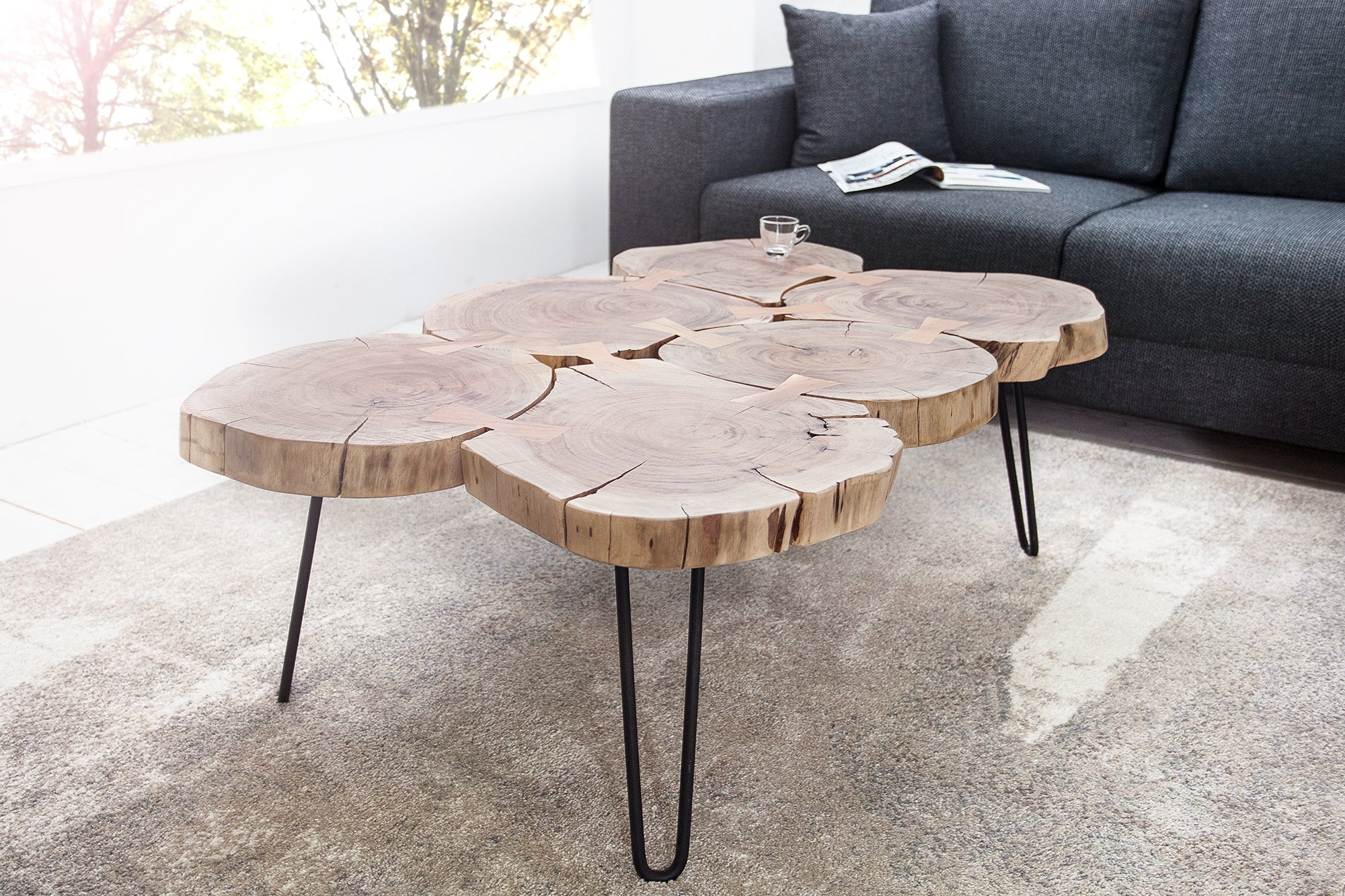 Table basse design GOA 110cm tronc d'acacia tranches 4cm plateau bois massif