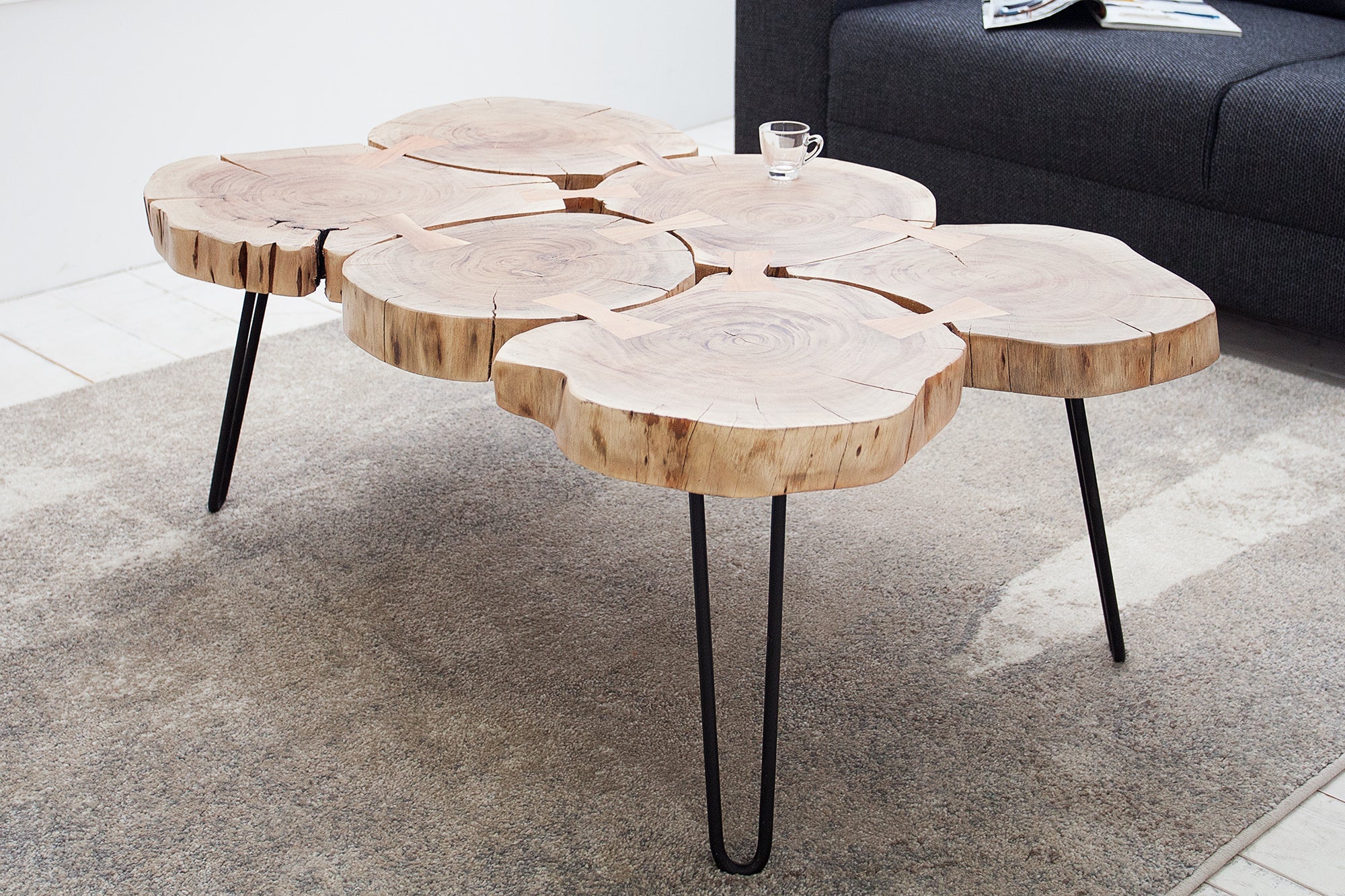 Table basse design GOA 110cm tronc d'acacia tranches 4cm plateau bois massif