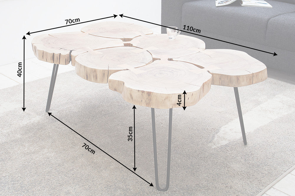 Table basse design GOA 110cm tronc d'acacia tranches 4cm plateau bois massif
