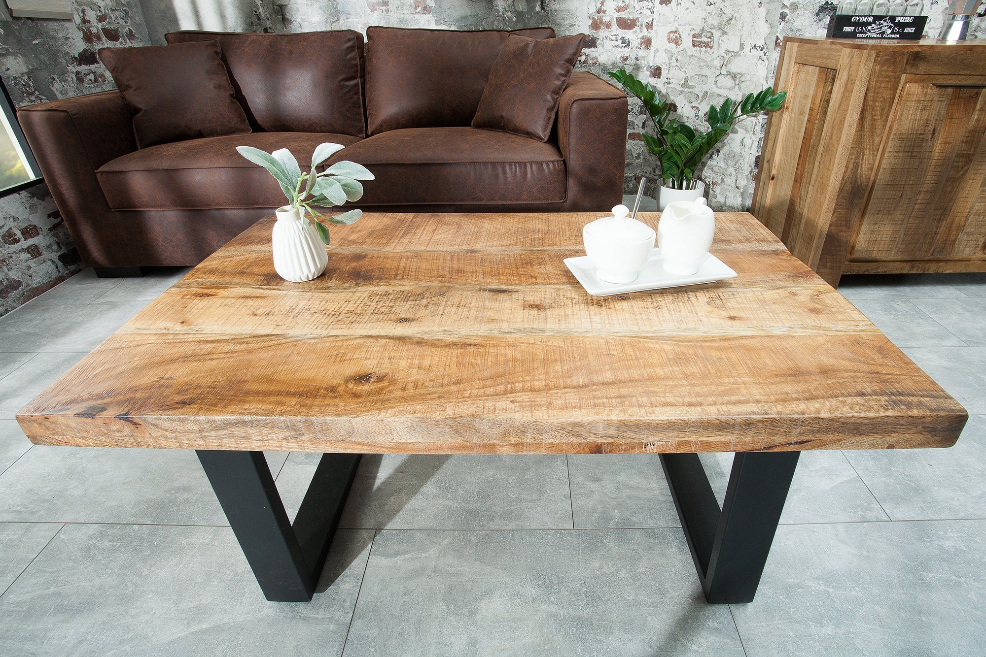 Table basse design IRON CRAFT 100cm bois de manguier fer design industriel structure noire massive