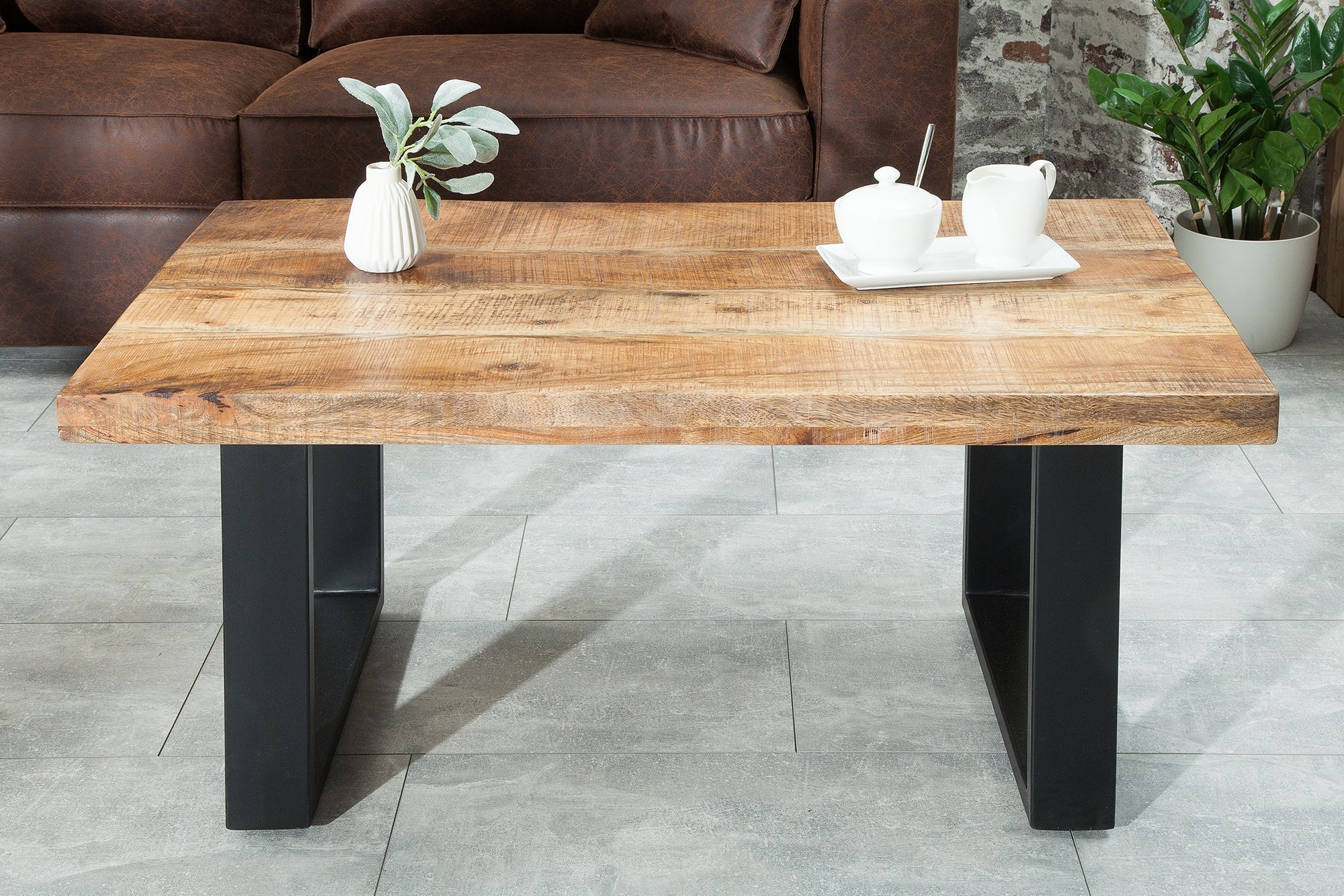 Table basse design IRON CRAFT 100cm bois de manguier fer design industriel structure noire solide