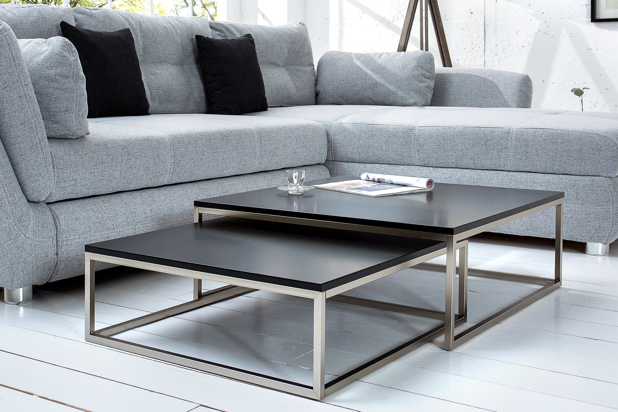 Table basse design lot de 2 ELEMENTS 75cm acier brossé noir mat