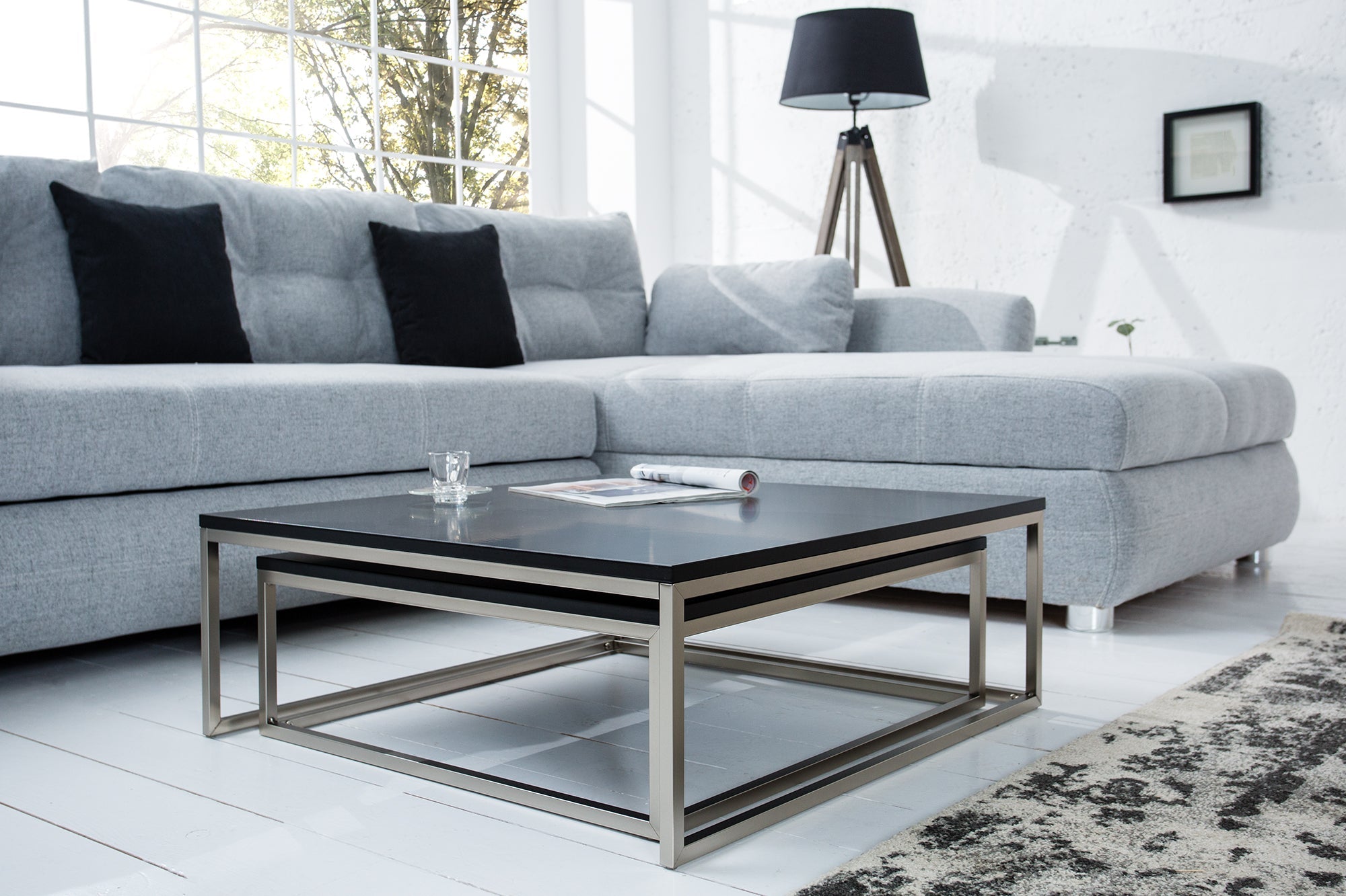 Table basse design lot de 2 ELEMENTS 75cm acier brossé noir mat