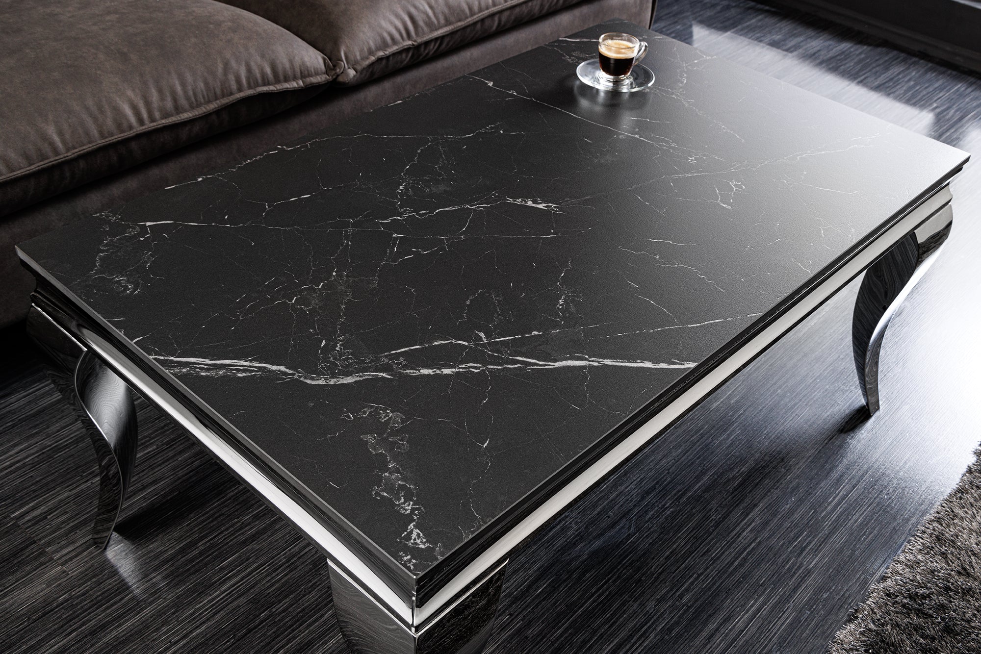 Table basse design MODERN BAROQUE 100cm marbre céramique chrome anthracite noir