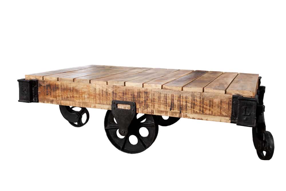 Table basse design solide RAILWAY 110cm en bois de manguier avec 4 roulettes