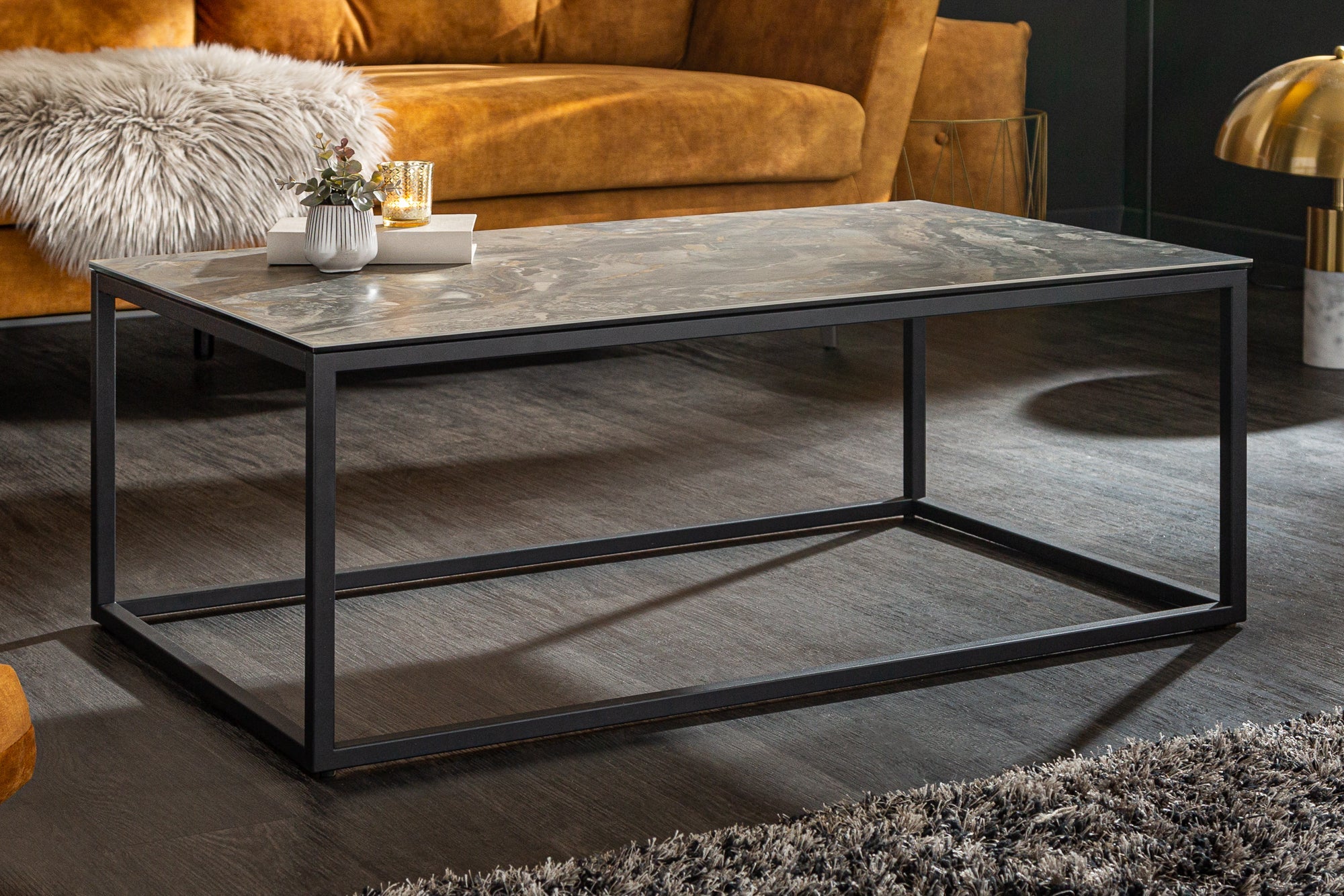 Table basse design SYMBIOSE 100cm marbre taupe céramique fabriquée en Italie