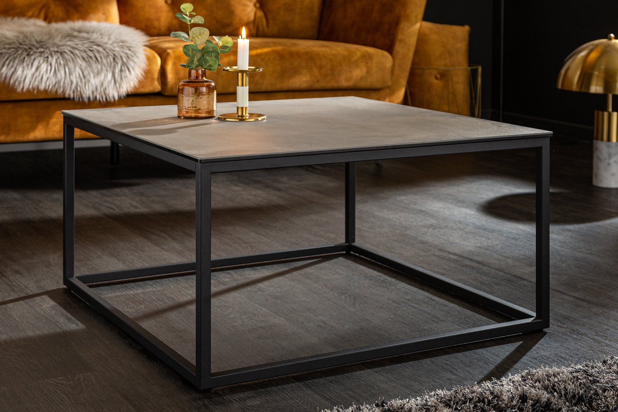 Table basse design SYMBIOSE 75cm en céramique gris béton fabriquée en Italie