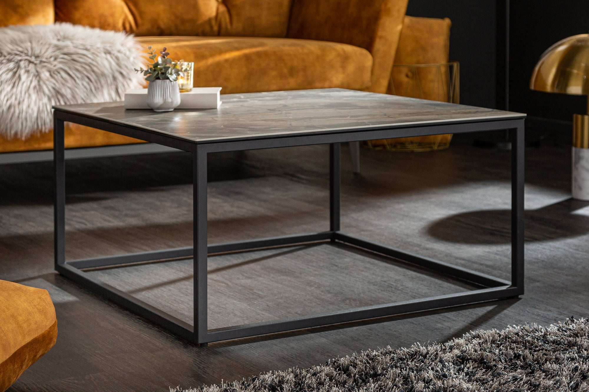 Table basse design SYMBIOSE 75cm marbre taupe céramique fabriquée en Italie