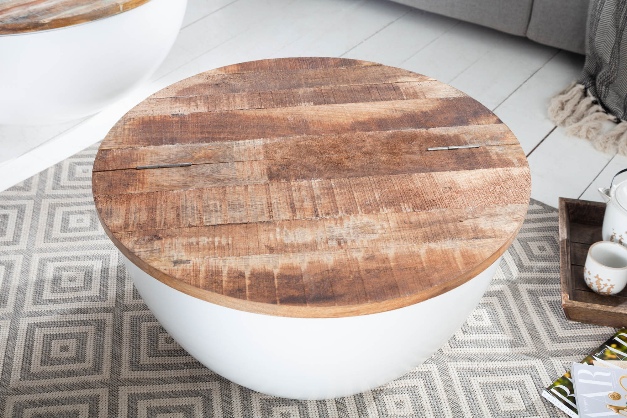 Table basse design upcycling RANGEMENT INDUSTRIEL 70cm bois de manguier blanc fait main