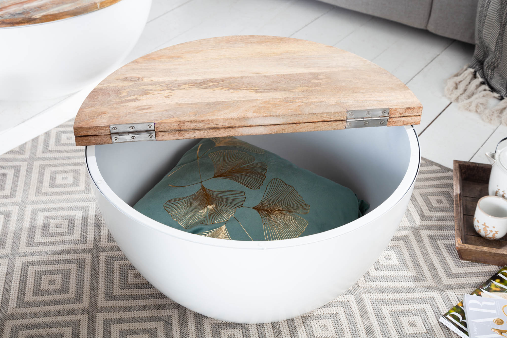 Table basse design upcycling RANGEMENT INDUSTRIEL 70cm bois de manguier blanc fait main