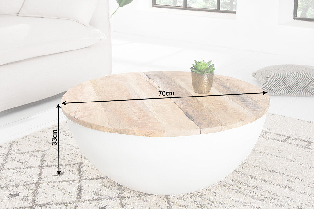 Table basse design upcycling RANGEMENT INDUSTRIEL 70cm bois de manguier blanc fait main