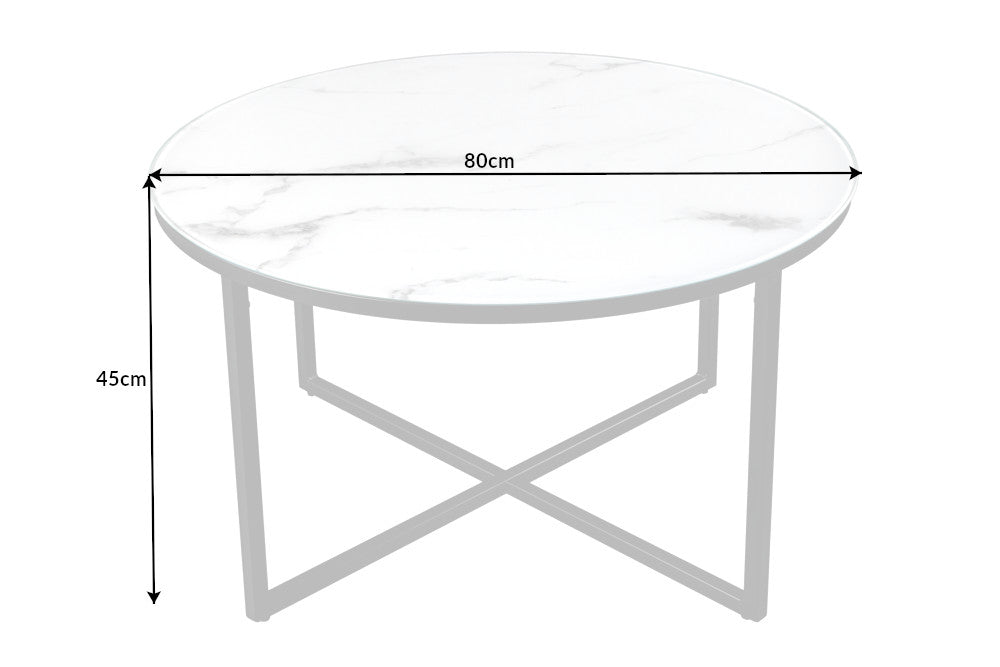 Table basse élégante BOUTIQUE 80cm ronde blanche en verre cristal décor marbre cadre noir