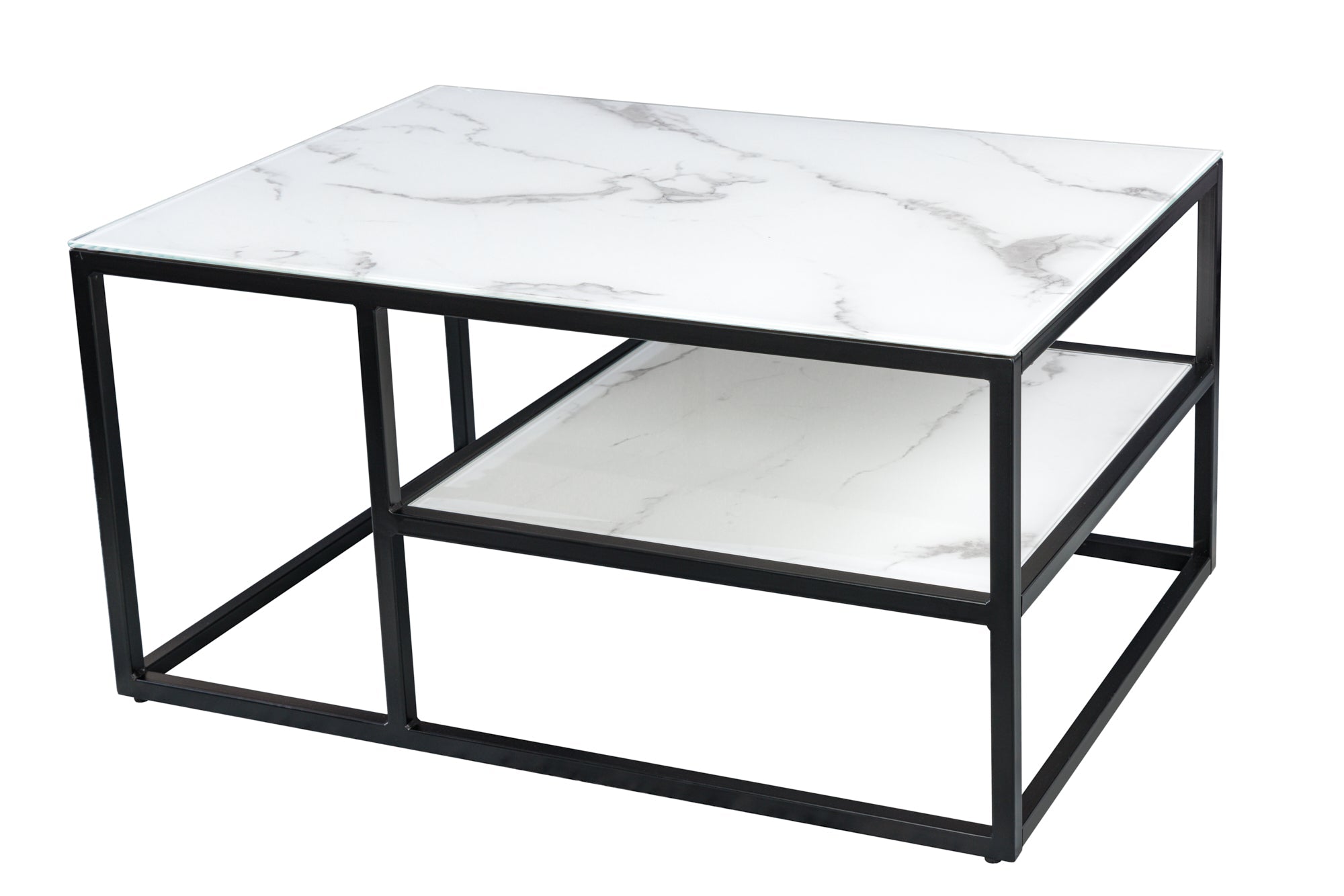 Table basse élégante BOUTIQUE 90cm verre cristal blanc décor marbre cadre noir