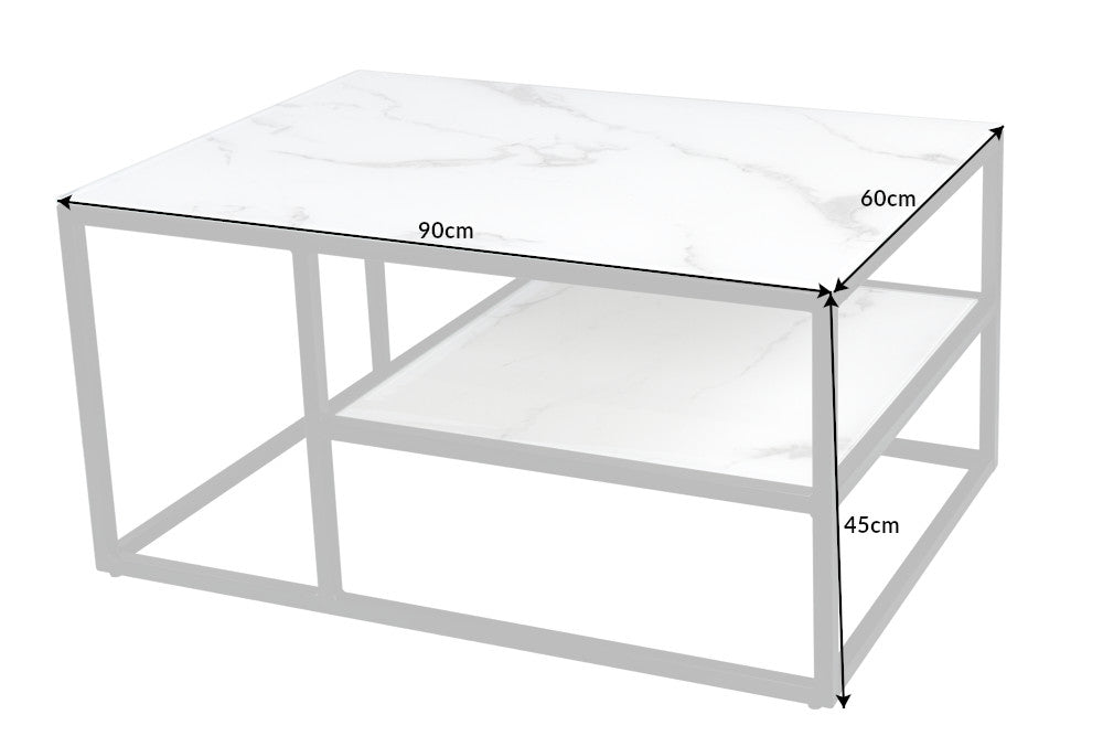 Table basse élégante BOUTIQUE 90cm verre cristal blanc décor marbre cadre noir