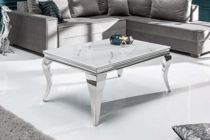 Table basse élégante de style baroque moderne de 100 cm, plateau en verre aspect marbre, pieds en acier inoxydable