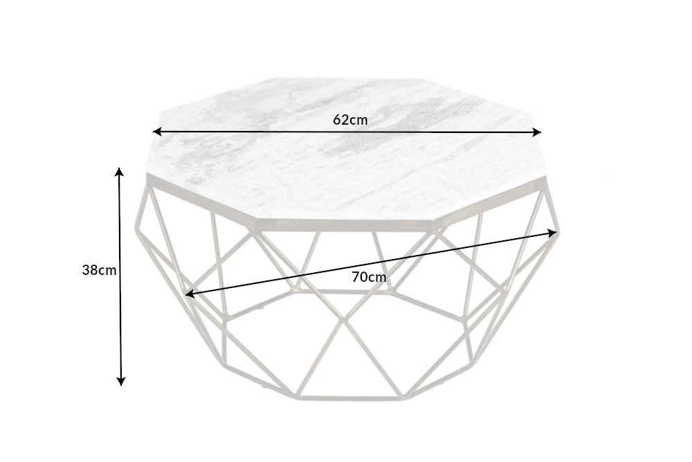 Table basse élégante DIAMOND 70cm en laiton blanc avec plateau en marbre