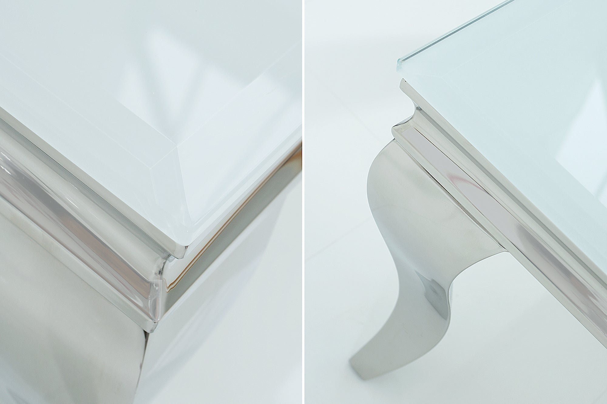 Table basse élégante MODERN BAROQUE 100cm argent avec verre opale blanc