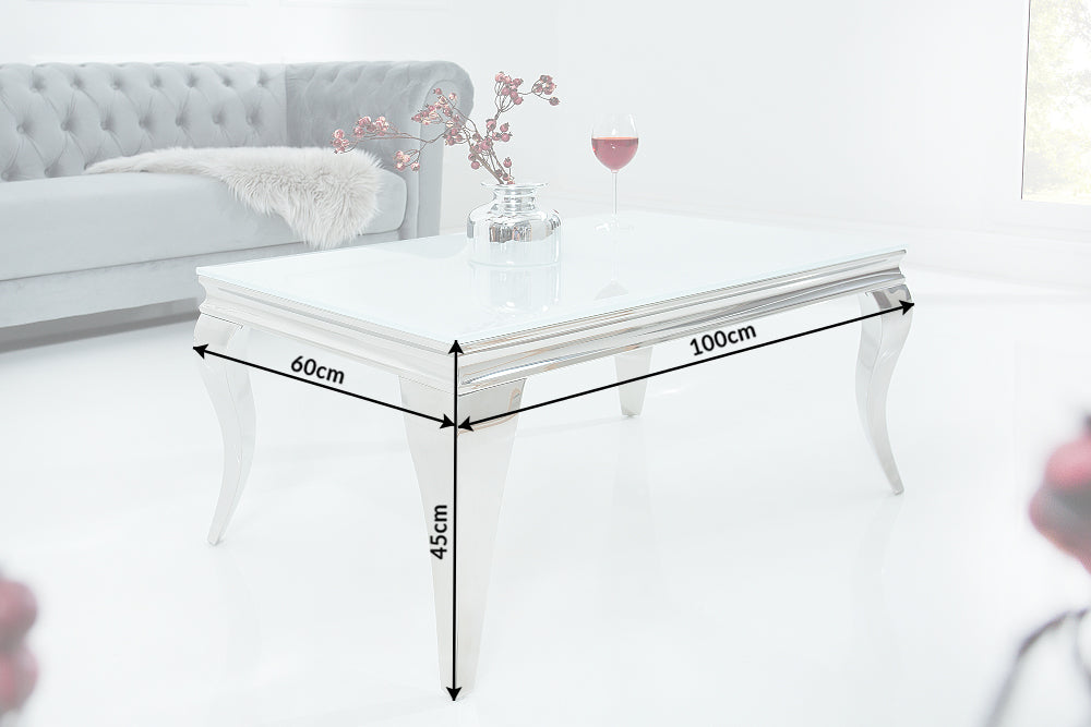 Table basse élégante MODERN BAROQUE 100cm argent avec verre opale blanc