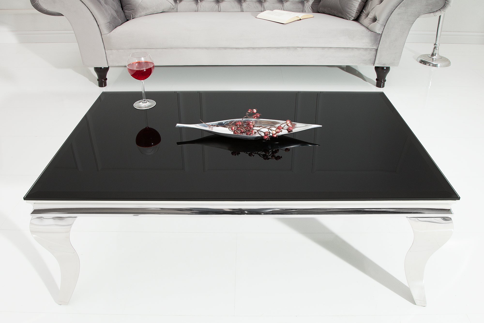 Table basse élégante MODERN BAROQUE 100cm argent avec verre opale noir