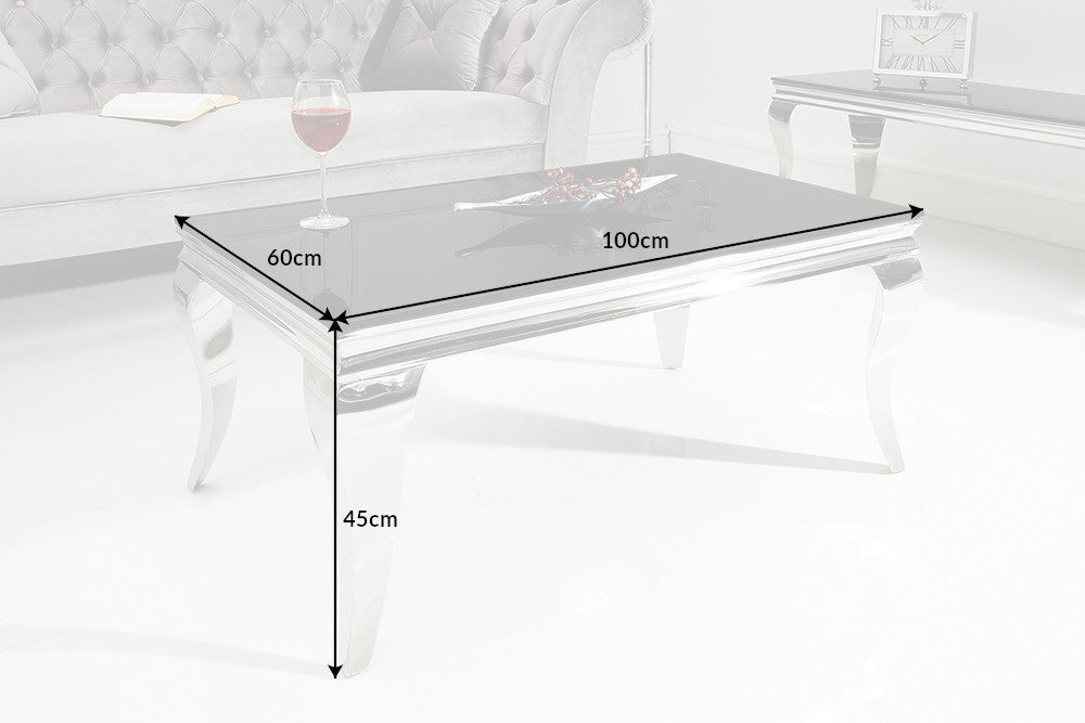 Table basse élégante MODERN BAROQUE 100cm argent avec verre opale noir