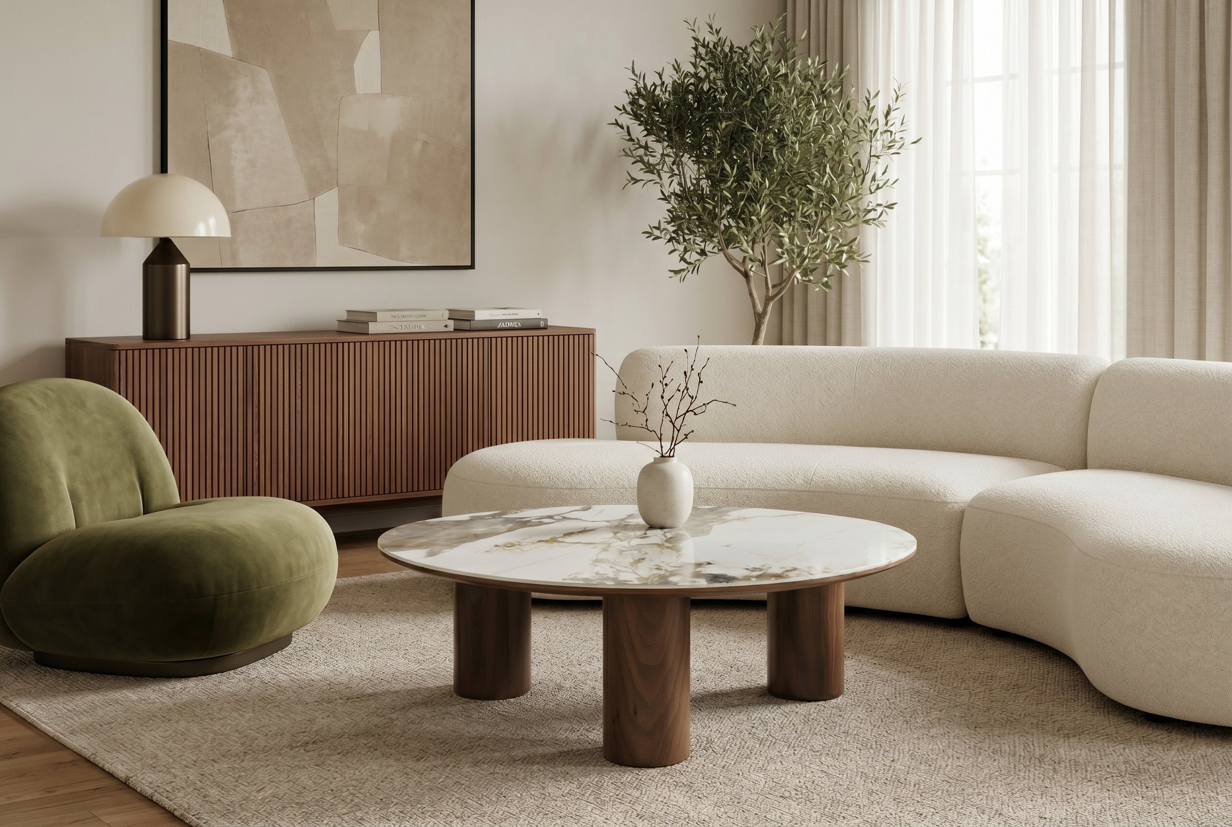Table basse élégante ORGANIKO 110cm blanc marron noyer Pandora céramique