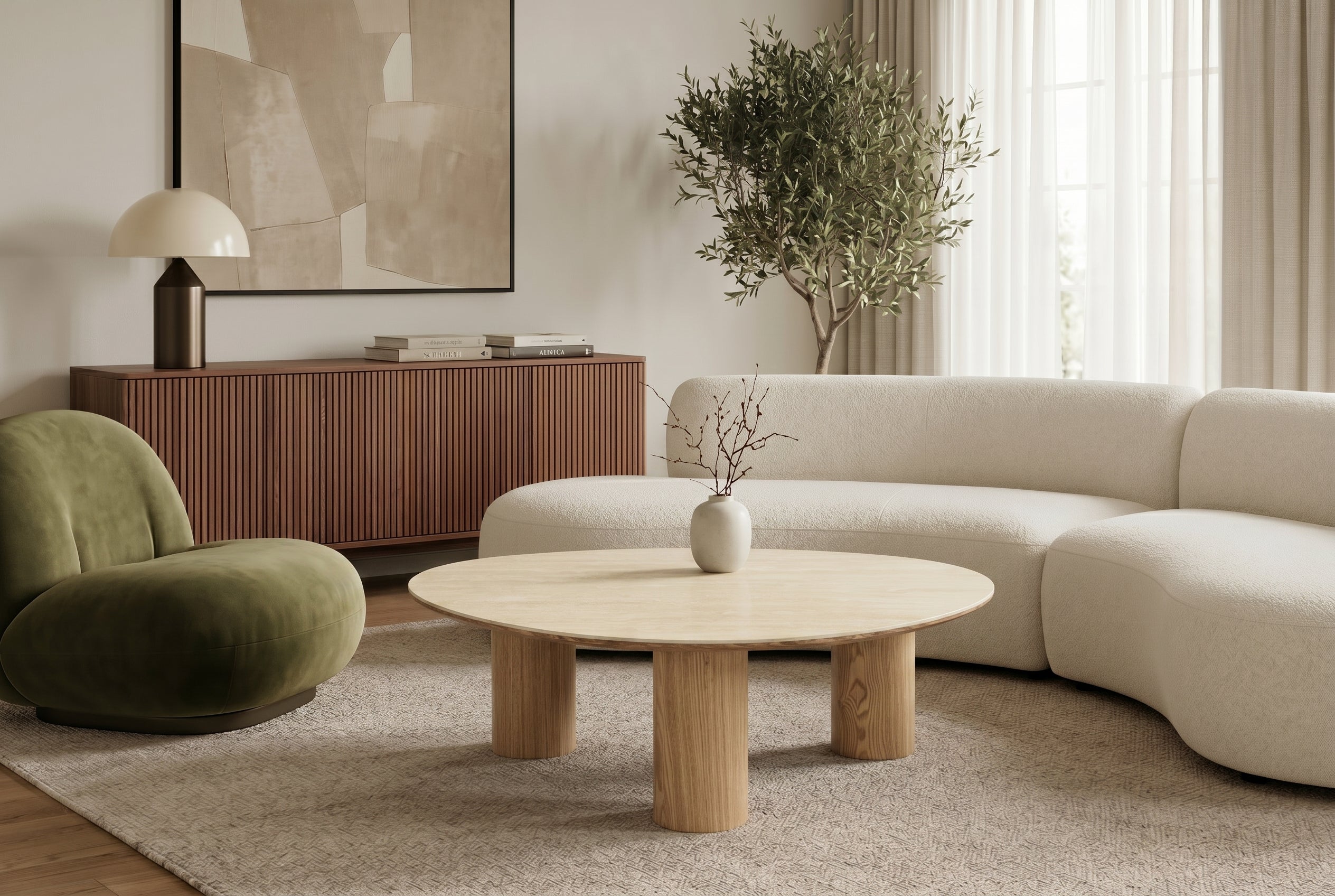 Table basse élégante ORGANIKO 110cm chêne naturel travertin céramique