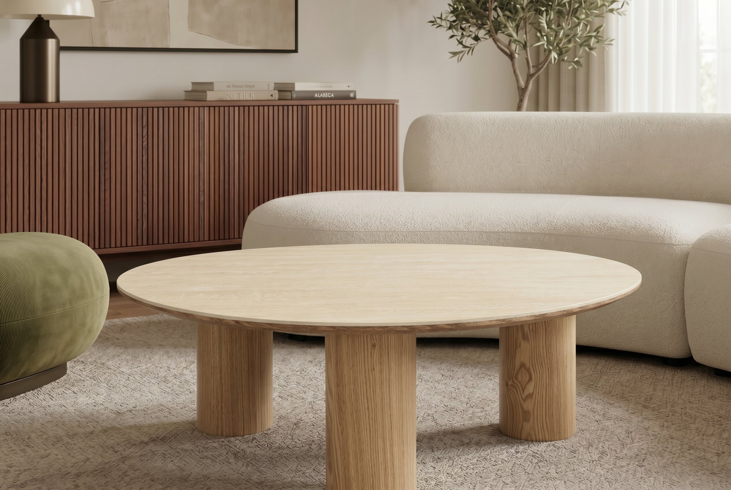 Table basse élégante ORGANIKO 110cm chêne naturel travertin céramique
